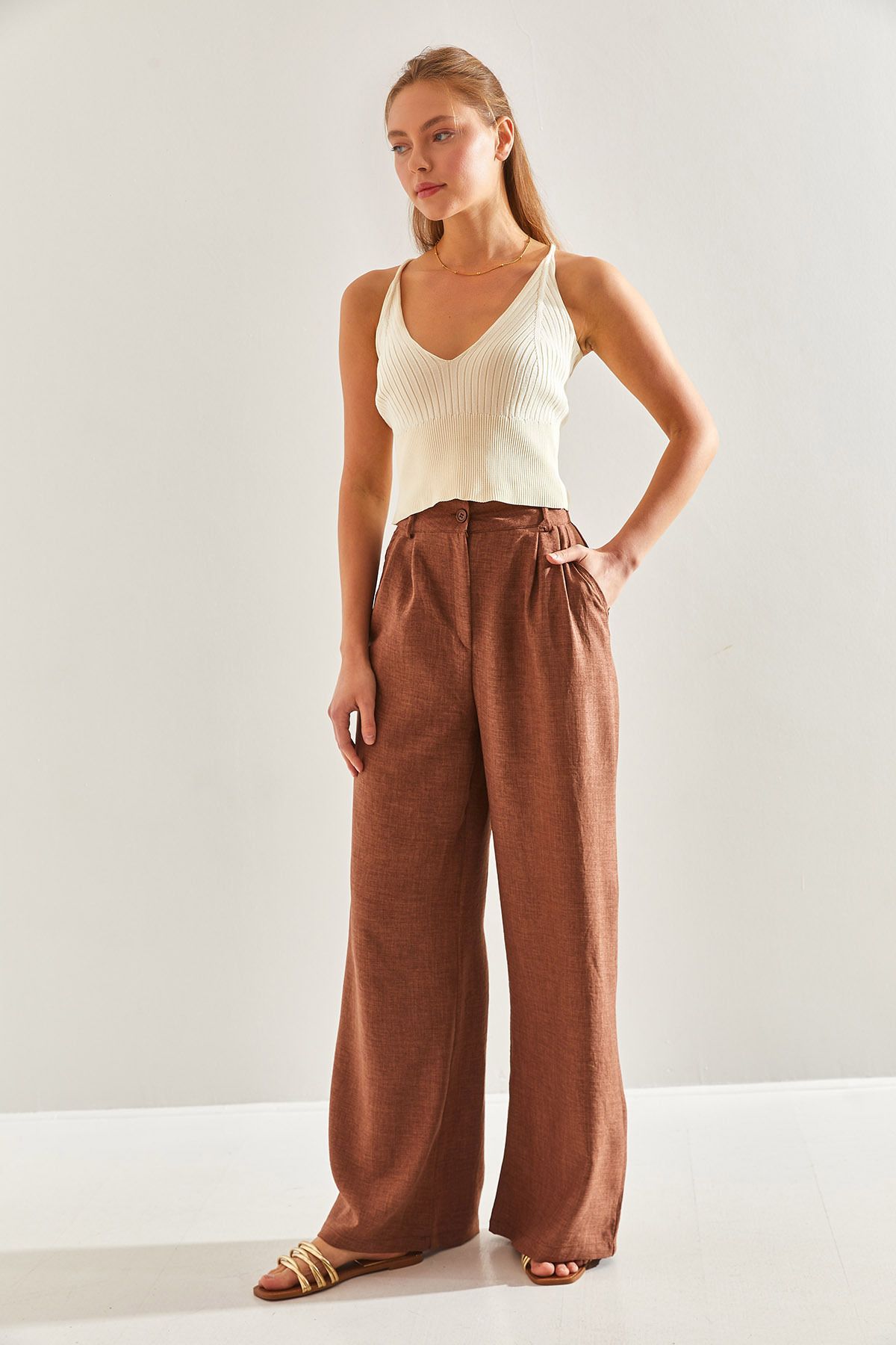 Bianco Lucci-Women's Linen Viscose Palazzo Trousers60171019 2