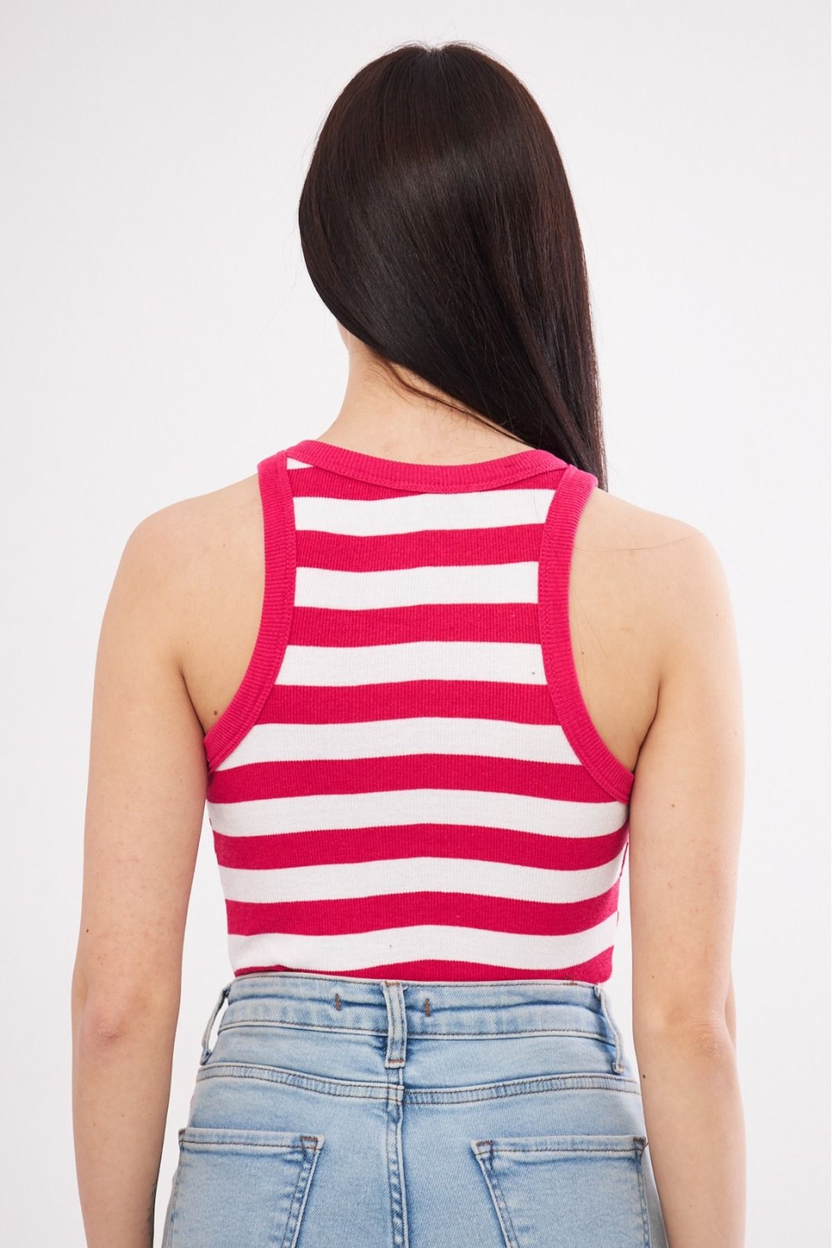 MİSS M.A.T FASHİON-Women's Striped Ribbed T-shirt Halter Neck Knitted Tank Top 5
