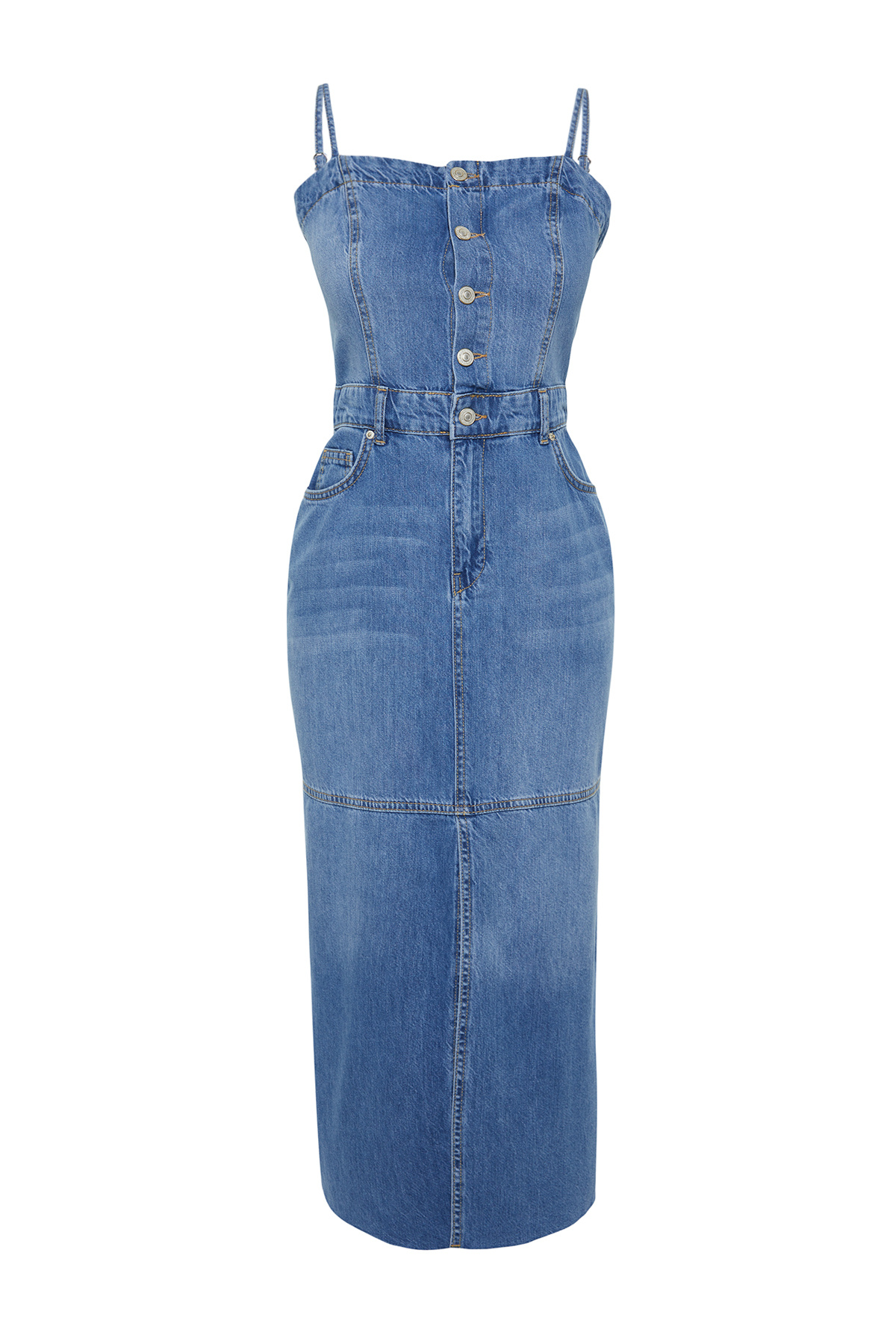 Trendyol Collection-Rochie maxi din denim cu bretele cu cusături cu fante albastre TWOSS24EL00544 7
