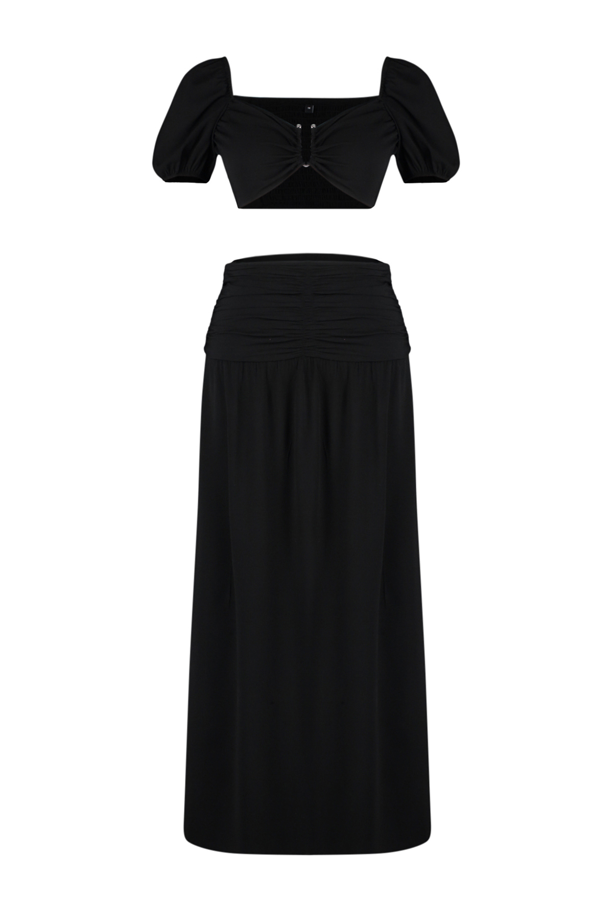 Trendyolmilla  Siyah Dokuma Aksesuarlı Yırtmaçlı Bluz Etek Plaj Takım TBESS24AU00036 - Görsel 7