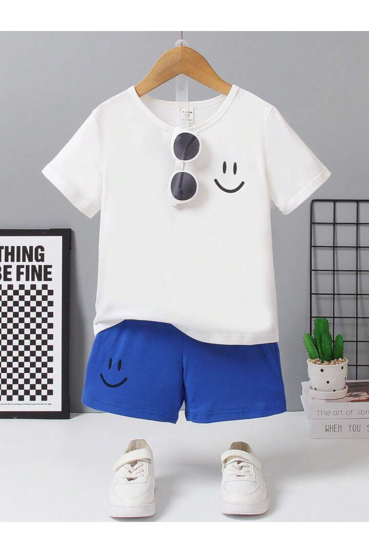 Boy-Girl White Smile Printed T-Shirt-Shorts Set