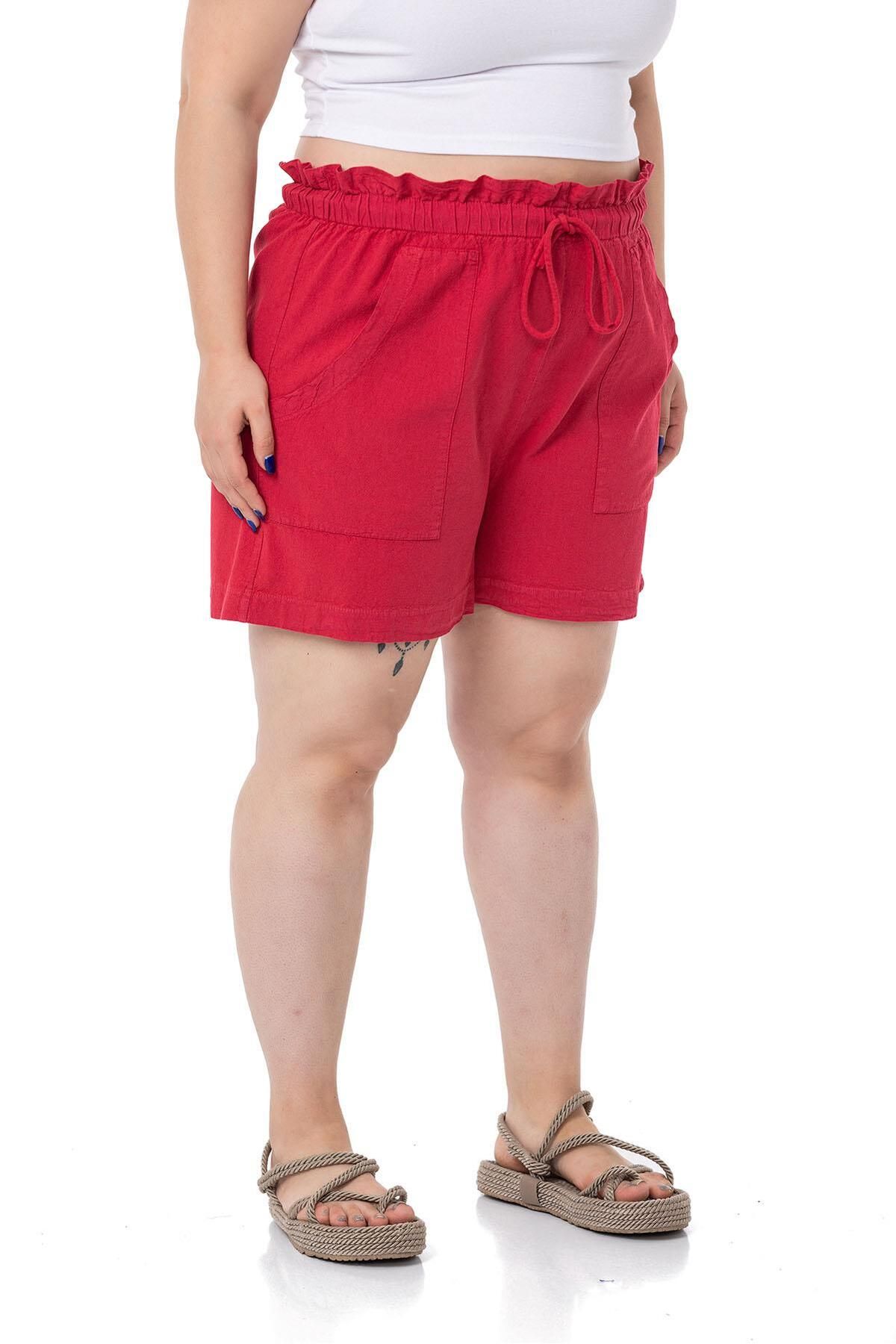 DISENTIS MODEST-Plus Size Piece Painted Pockets Elastic Waist and Rope Drawstring Relaxed Cut Red Shorts 5