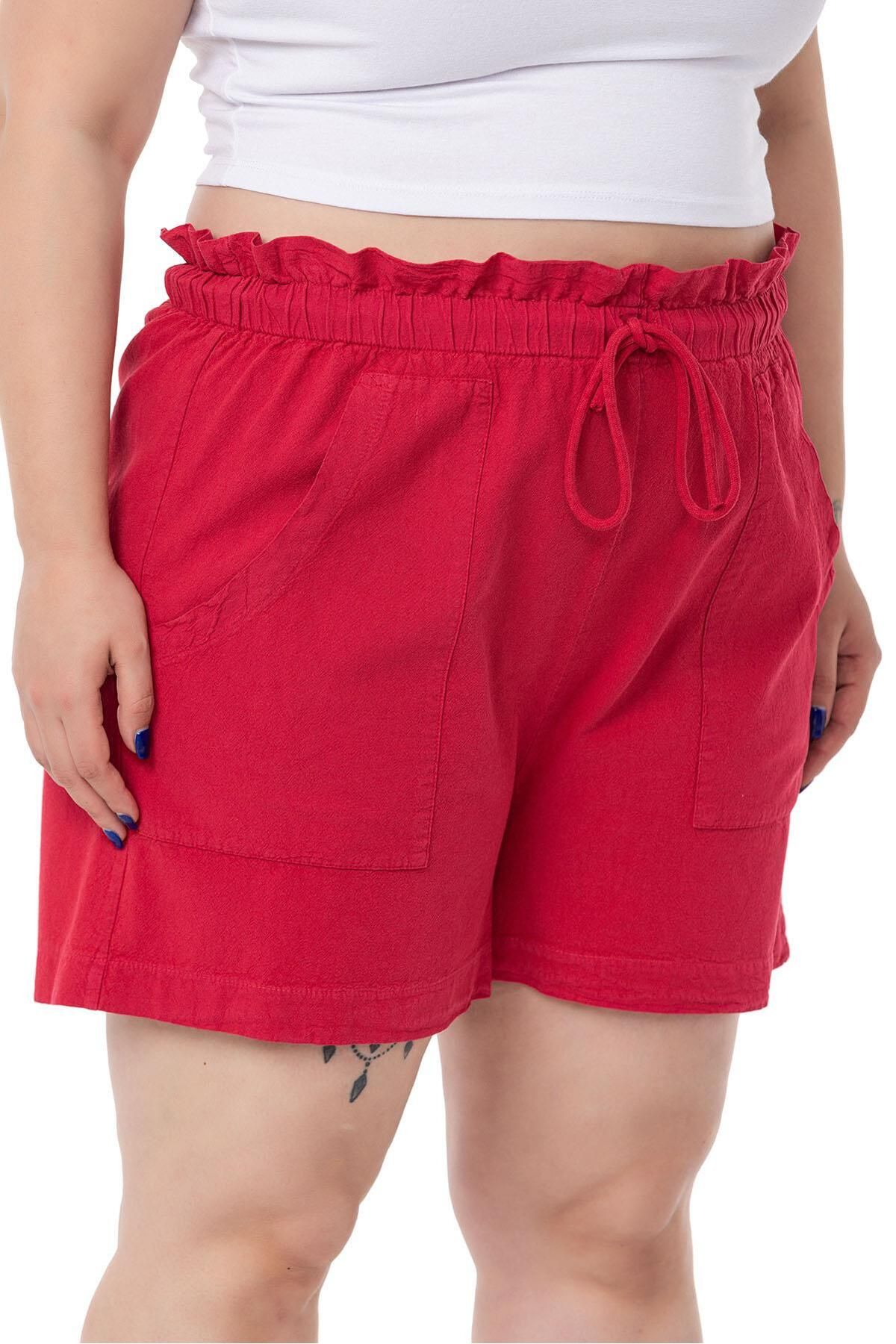 DISENTIS MODEST-Plus Size Piece Painted Pockets Elastic Waist and Rope Drawstring Relaxed Cut Red Shorts 4