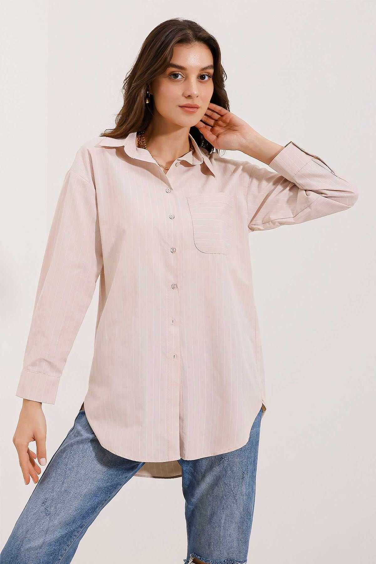 Bigdart-20217 Gestreiftes Oversize-Hemd mit Taschendetail - Beige 2