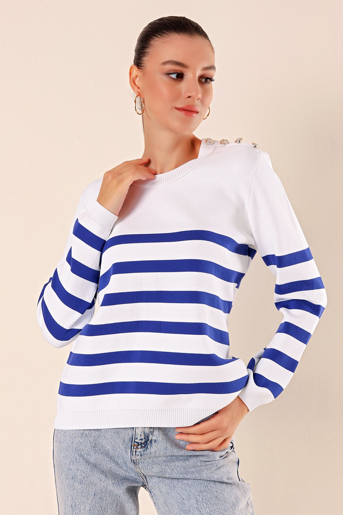 Bigdart-15820 Gestreifter Pullover mit Knopfdetail - C.Saks 4