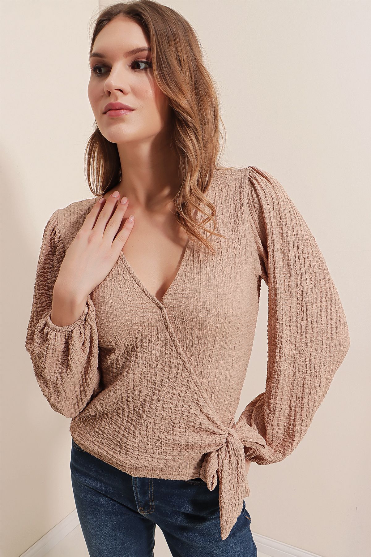 Bigdart-0441 Wrap Knitted Blouse - Beige 3