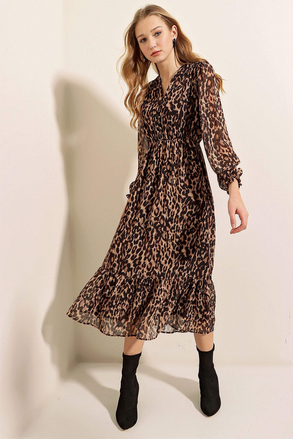 Bigdart-2137 Patterned Chiffon Dress - C. Brown 3