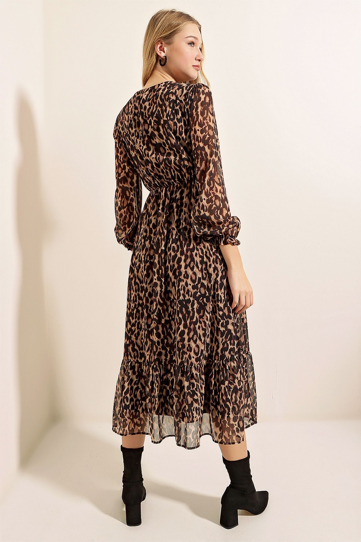 Bigdart-2137 Patterned Chiffon Dress - C. Brown 4
