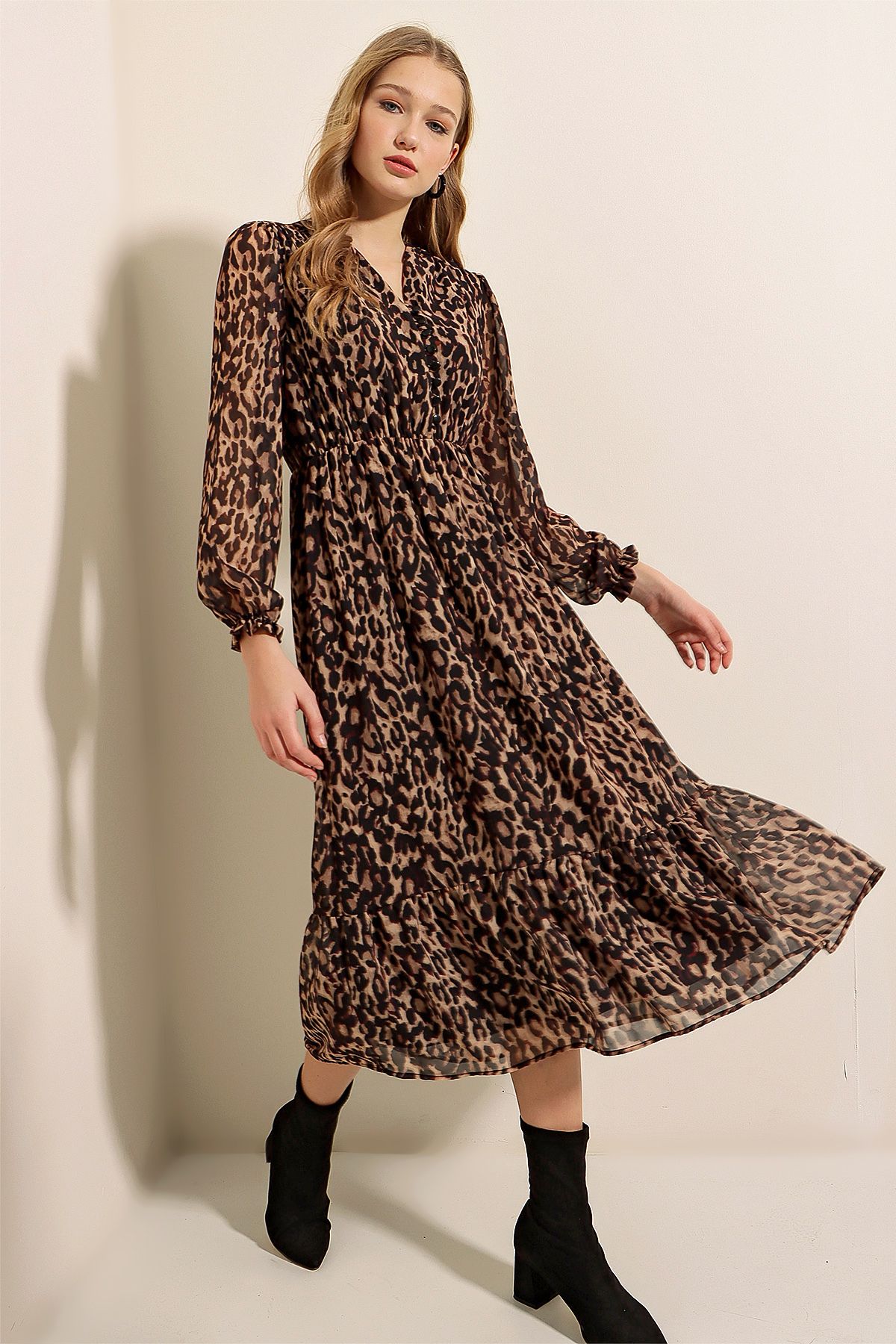 Bigdart-2137 Patterned Chiffon Dress - C. Brown 2