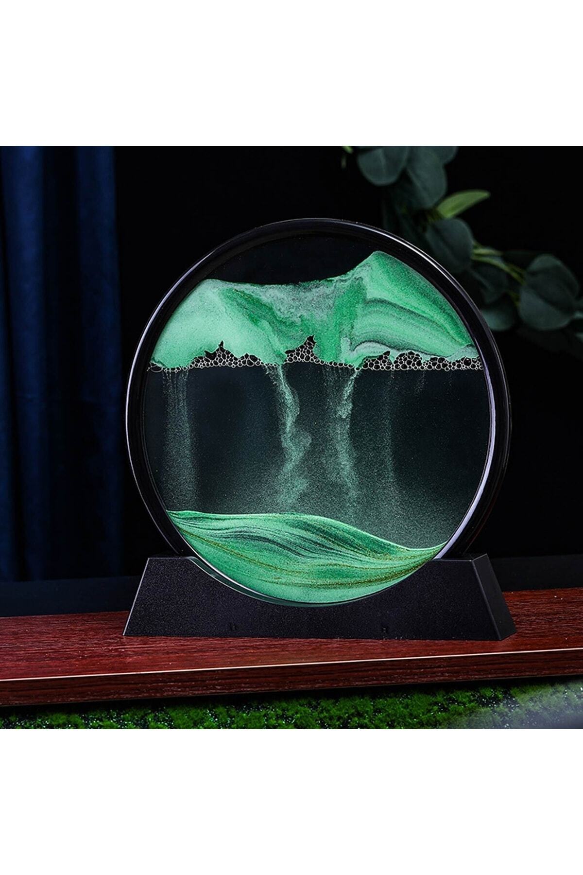 Gülal Shop Yeşi?l Dekoratif Yuvarlak Kum Saati Hediyelik 3d Hareketli Kum Saati Derin Si?yah Çerçeve