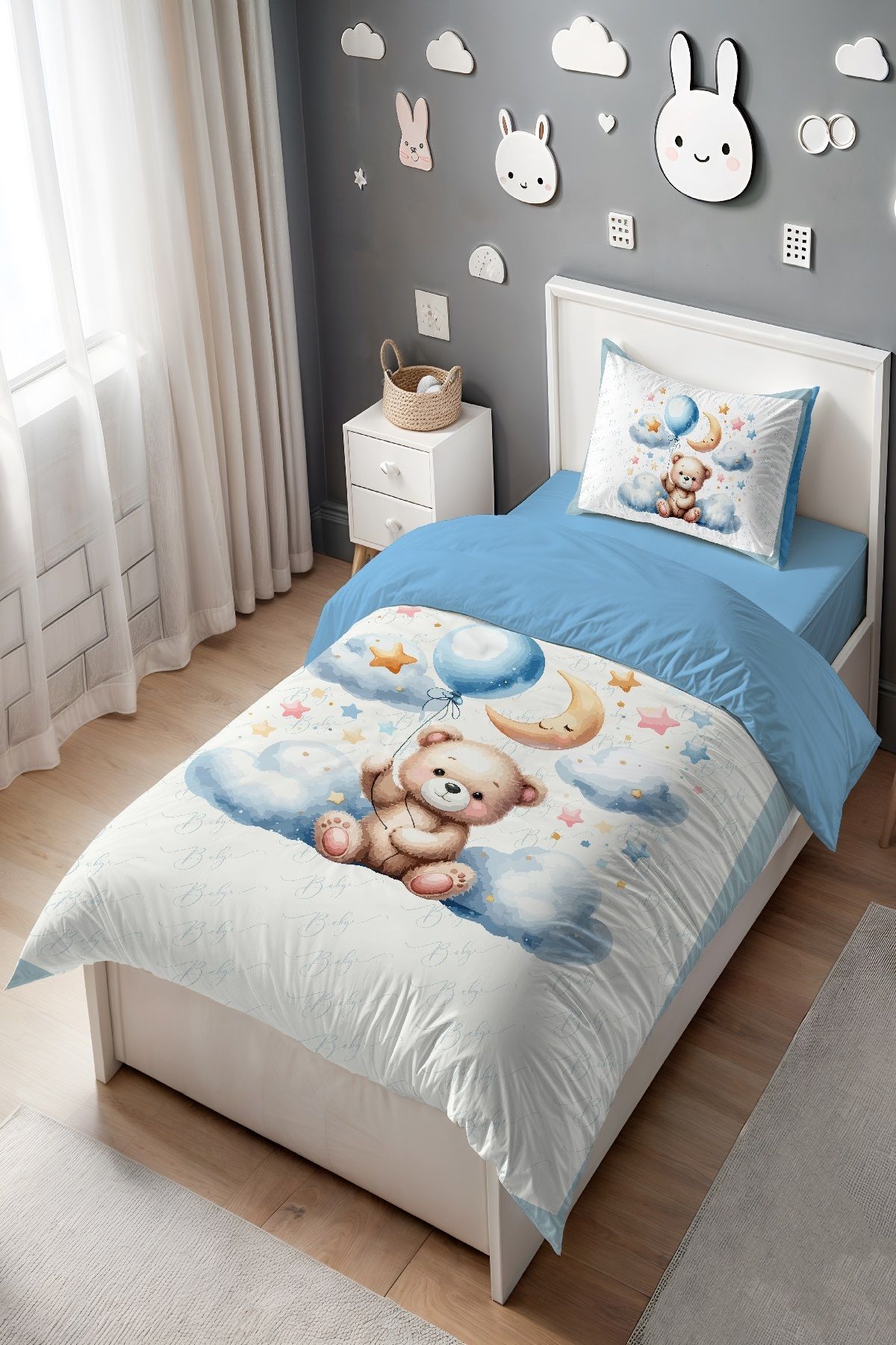 Evpanya Teddy Bear in the Blue Clouds Patterned Single Baby Kids Bedding Set