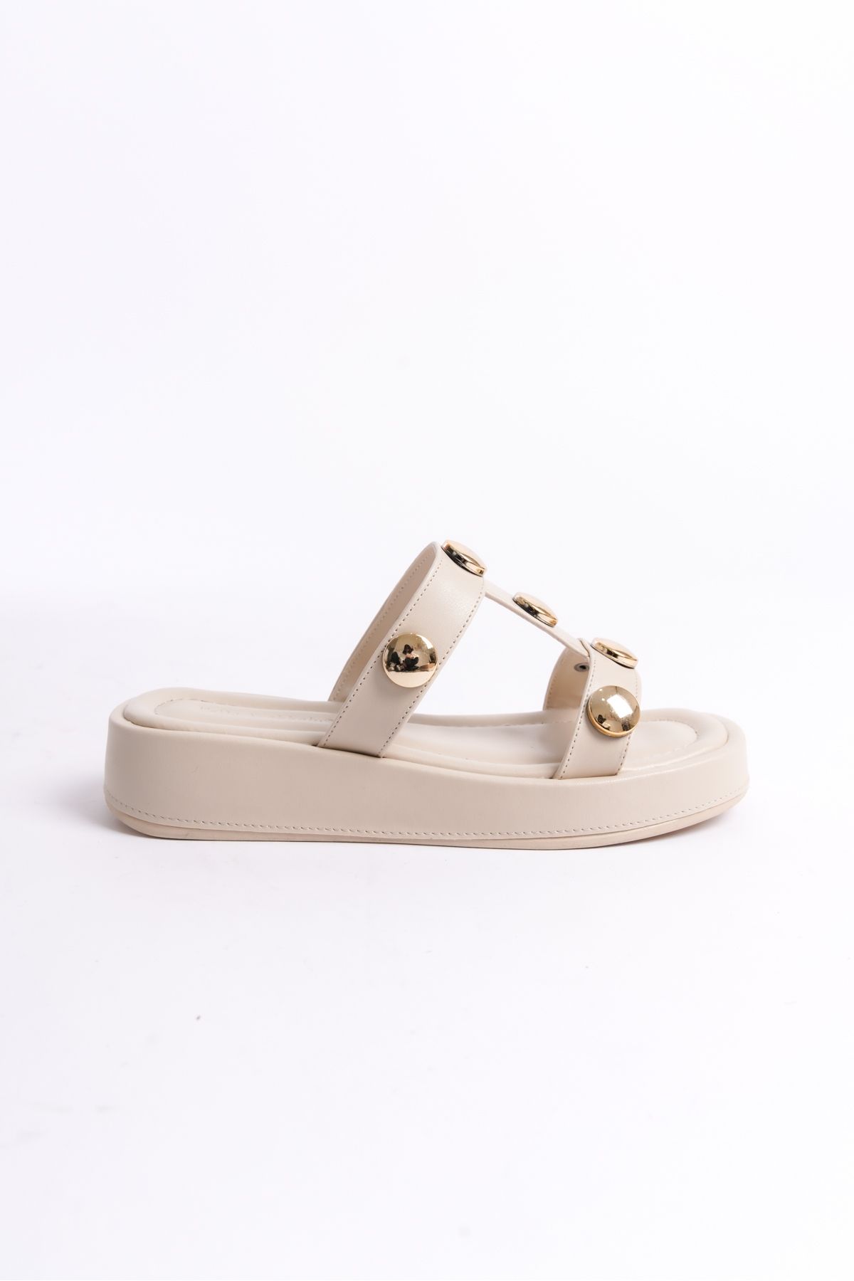 ZİESCE-WOMEN'S PADDED FLAT SOLE GOLD BUCKLE DETAIL BEIGE SLIPPERS 4