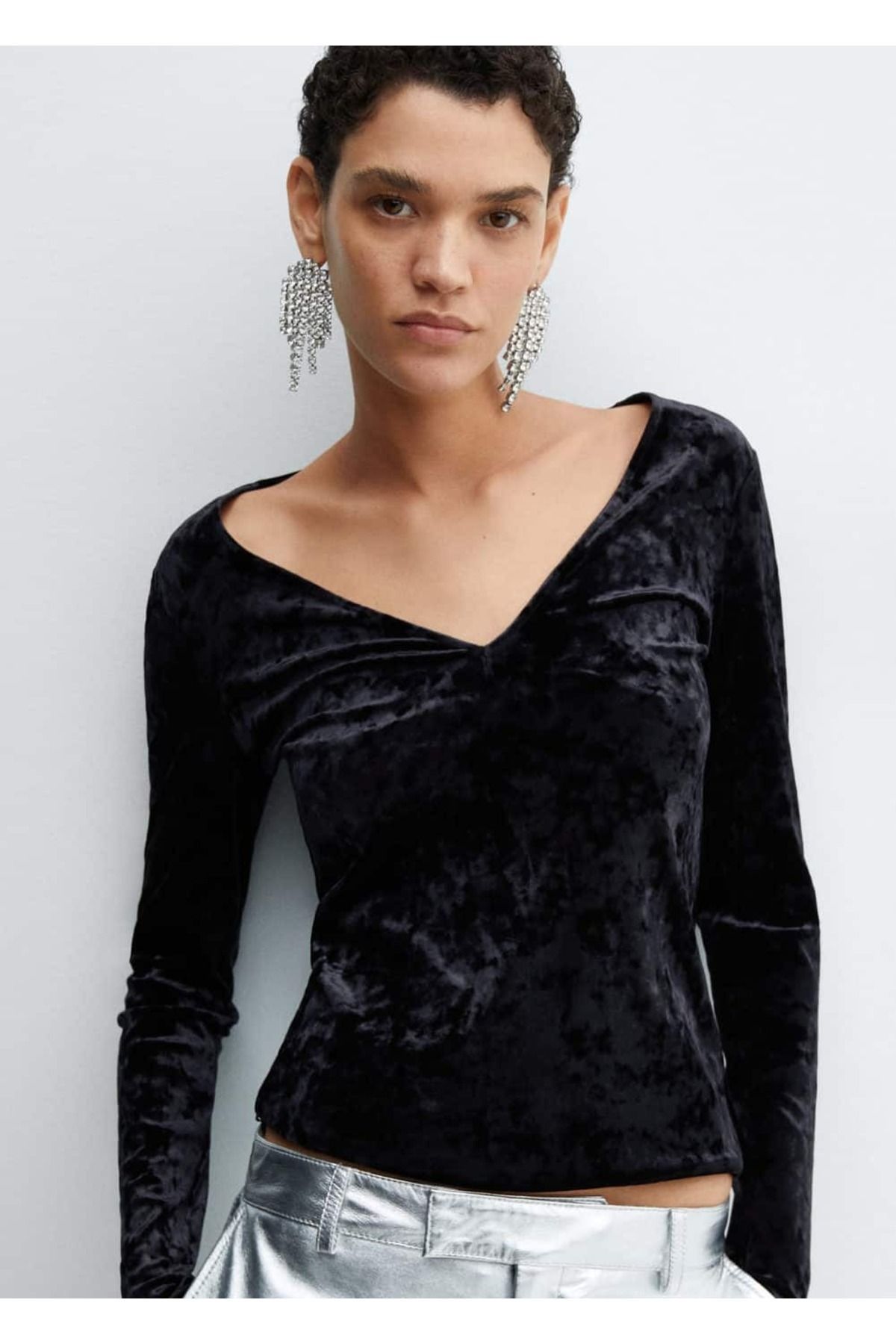 MANGO Woman-Velvet V-neck T-shirt 6