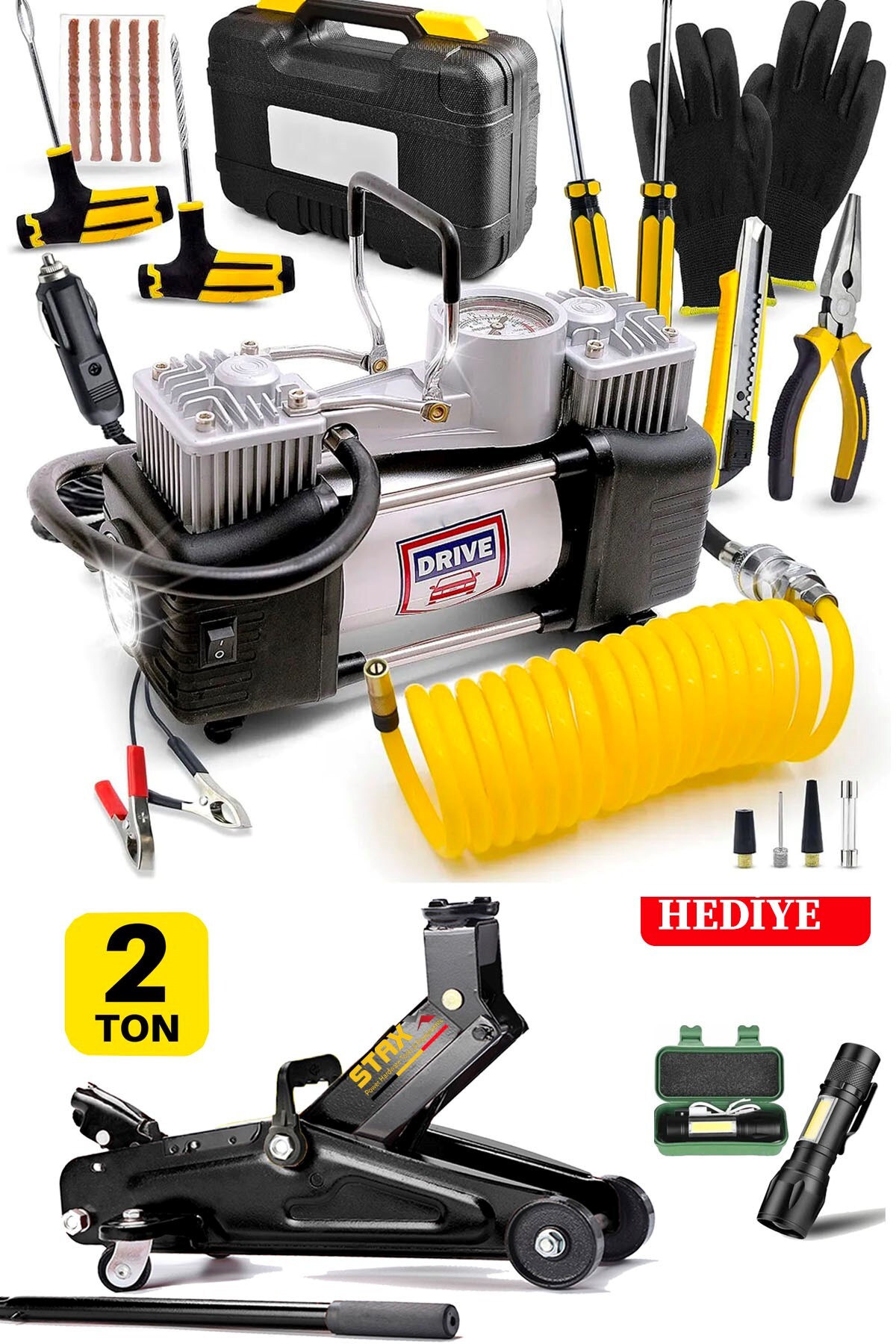 STAXX POWER Alman 2 Ton Timsah Kriko ve 150 Psı Çift Piston Çakmaklı Kompresör Lastik Tamir Kiti Hediyeli