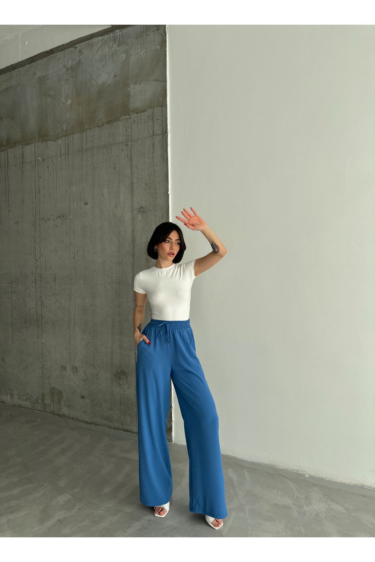 Laluvia-Blaue Hose mit weitem Bein und elastischem Bund 4