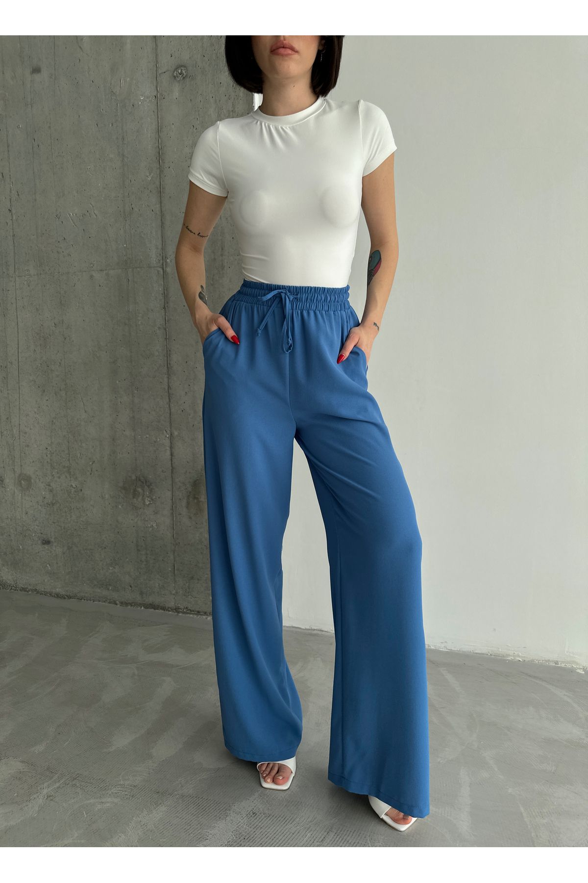 Laluvia-Blaue Hose mit weitem Bein und elastischem Bund 7