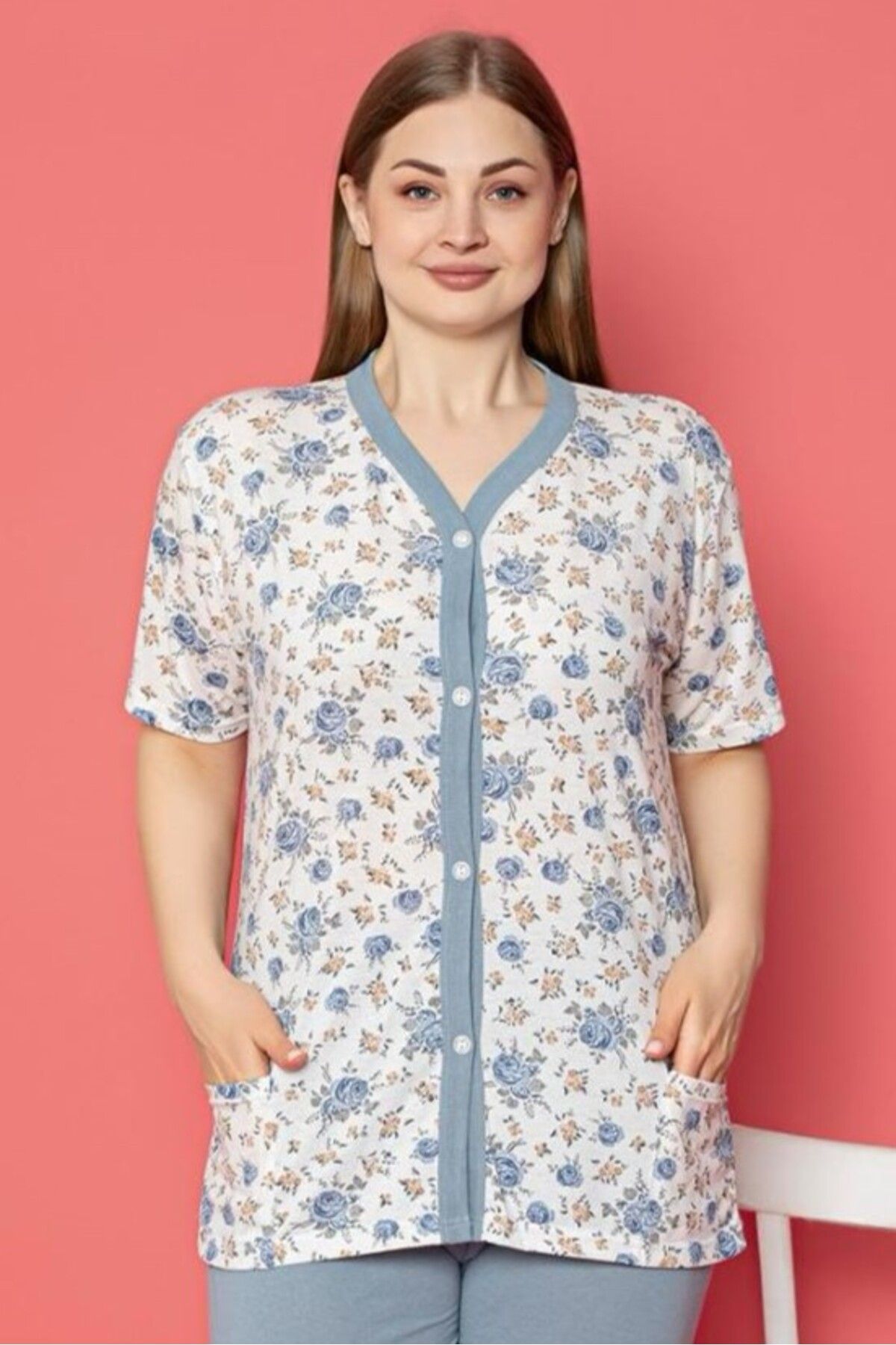 Farya Home-طقم بيجامة قطنية بأكمام قصيرة وأزرار أمامية مقاس كبير من X-Dreamy 3