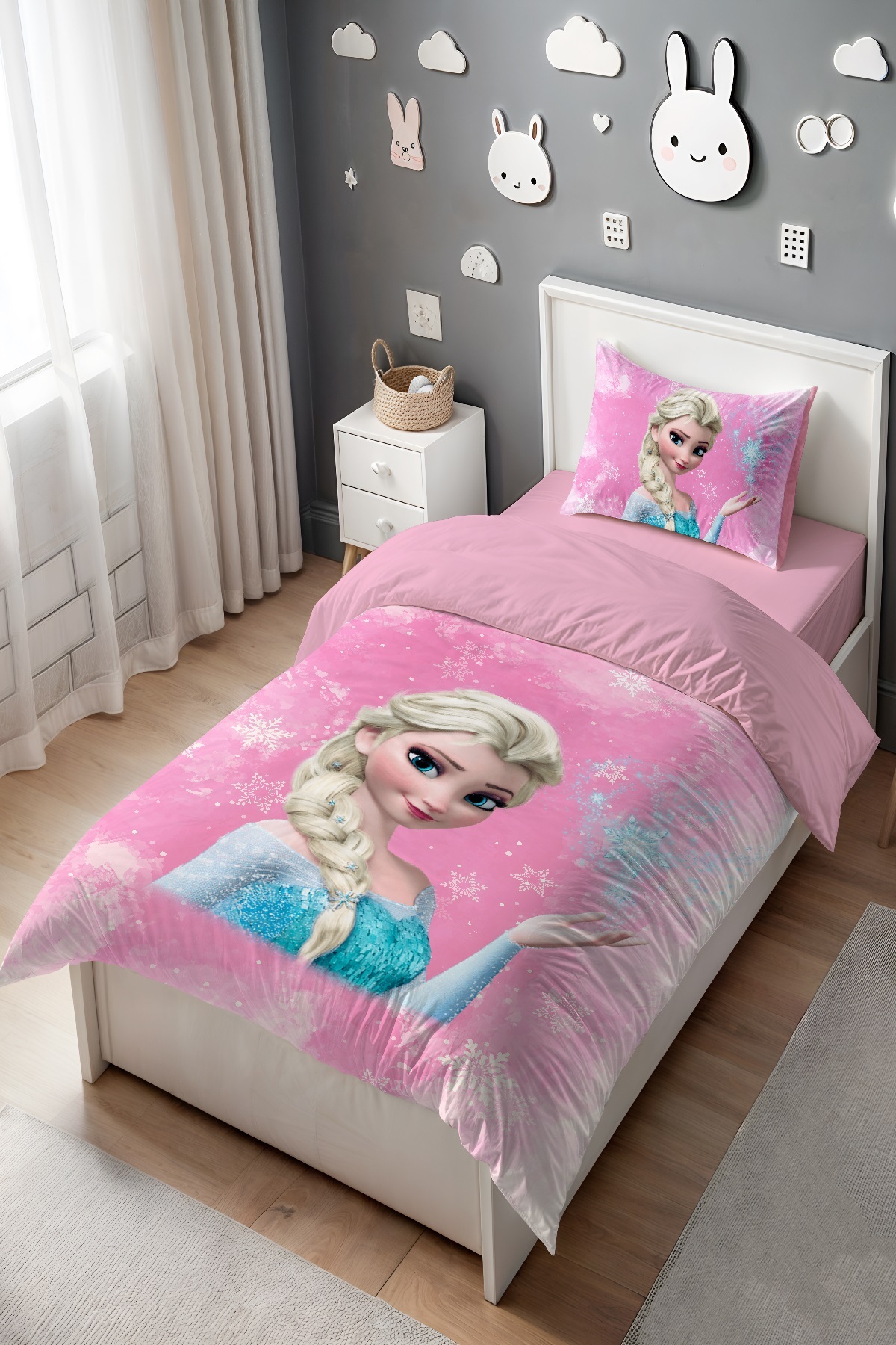 Evpanya Kar Kristallı Pembe Elsa Desenli Tek Kişilik Bebek Çocuk Nevresim Seti fotoğrafı 3 (önizleme)