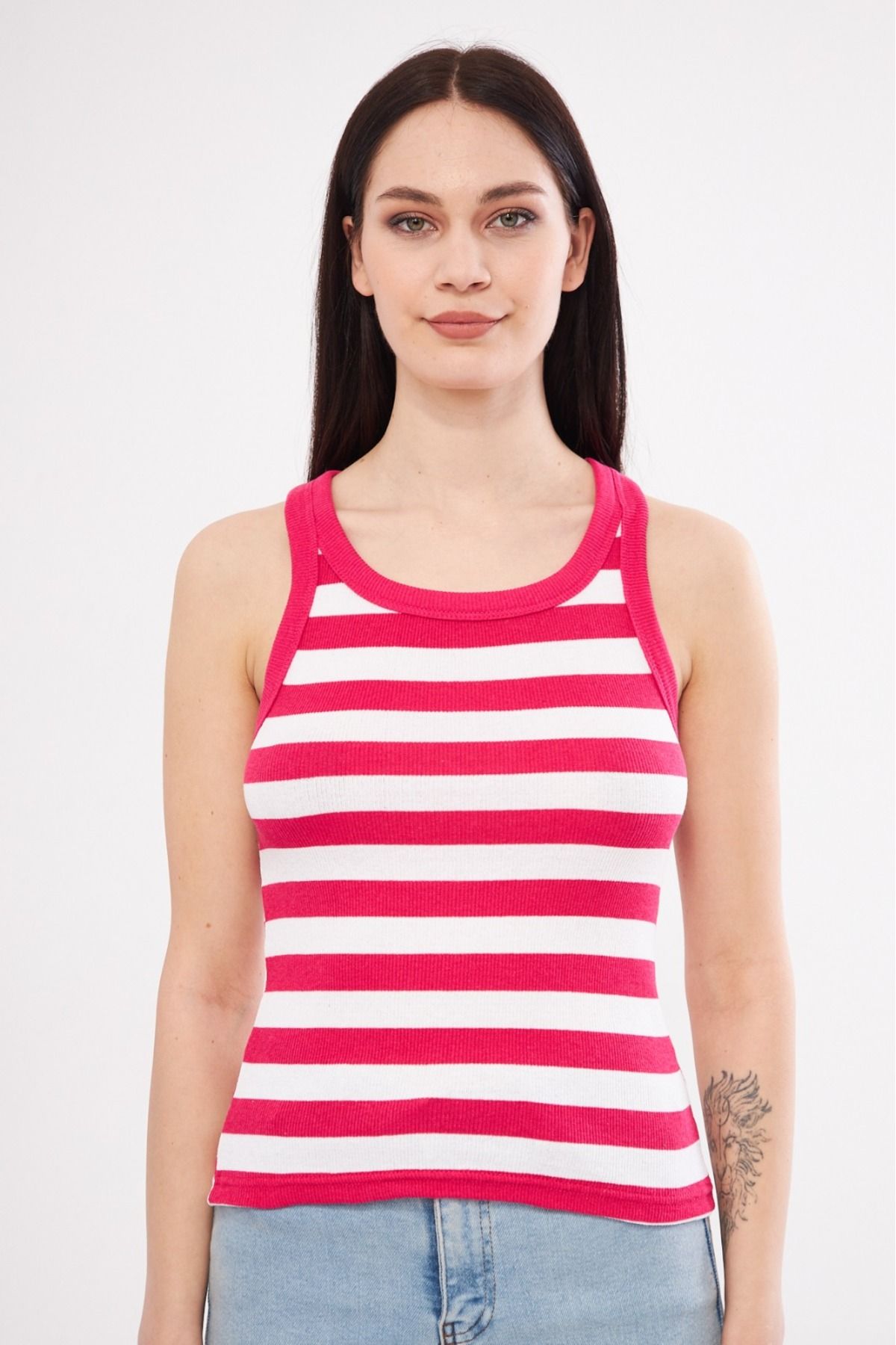 MİSS M.A.T FASHİON-Women's Striped Ribbed T-shirt Halter Neck Knitted Tank Top 6
