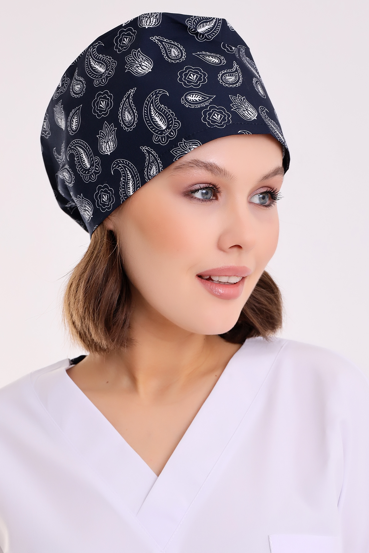 Navy Blue Patterned Doctor Nurse Chef Surgical Hospital Cap M364