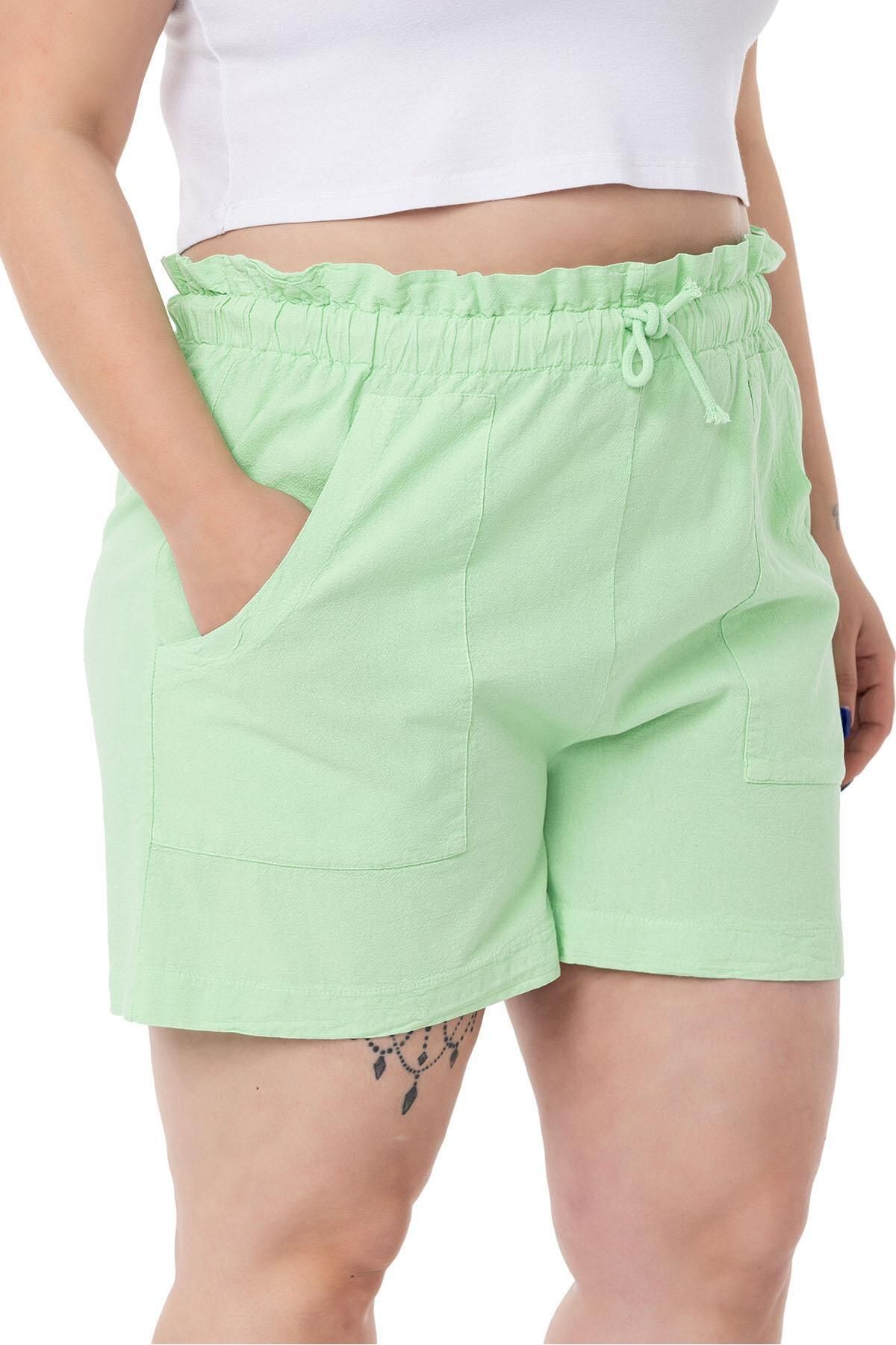 DISENTIS MODEST-Plus Size Piece Painted Pockets Elastic Waist and Rope Drawstring Relaxed Fit Green Shorts 4