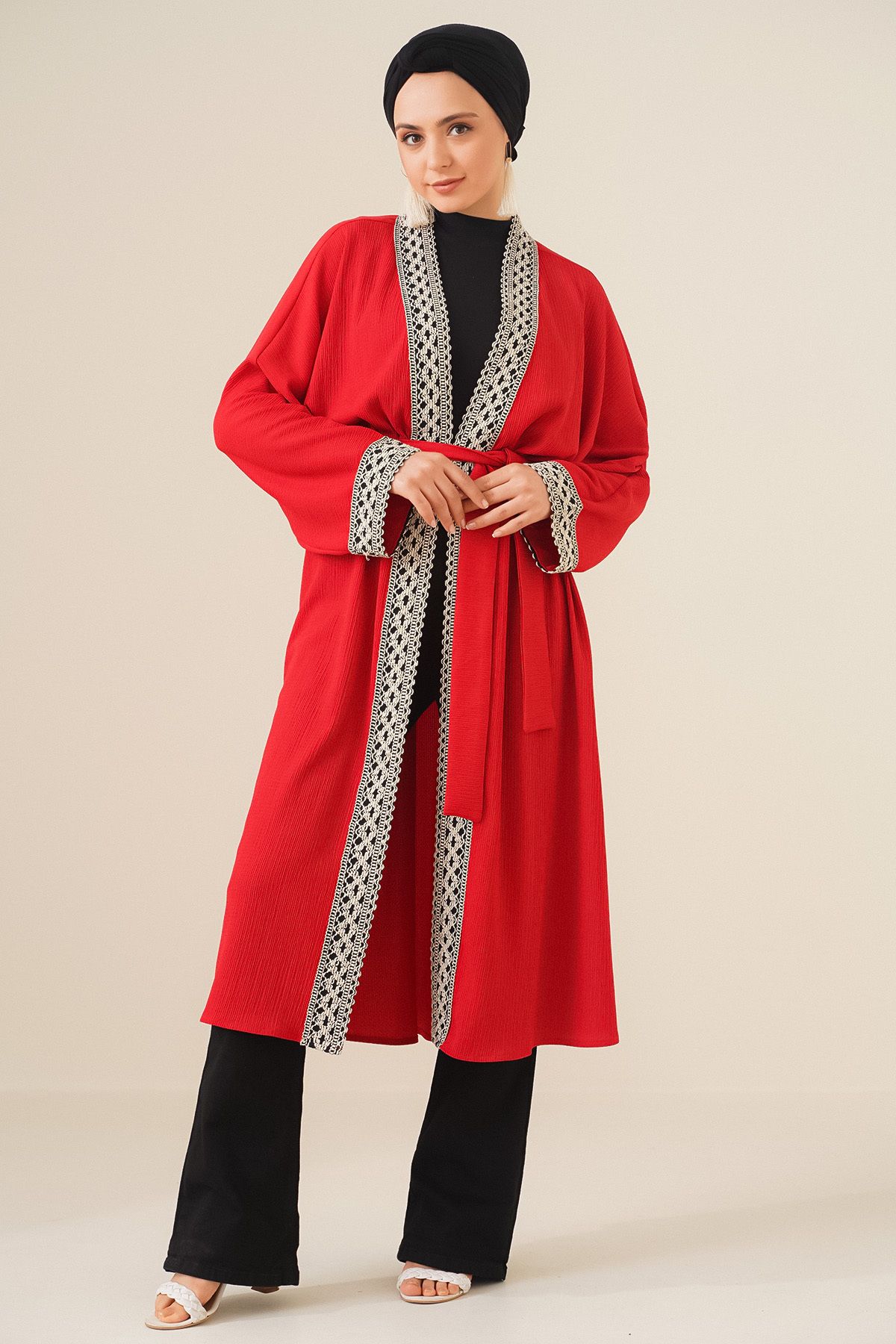 Bigdart 5865 کیمونوی بلند بافتنی گلدوزی شده قرمز