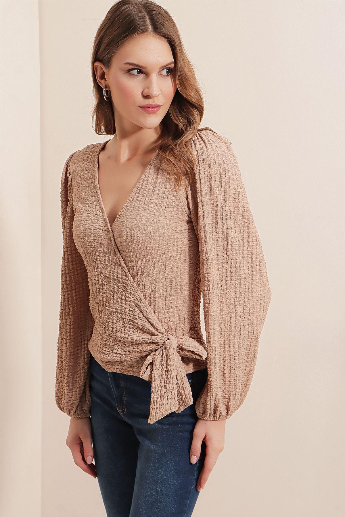 Bigdart-0441 Wrap Knitted Blouse - Beige 5