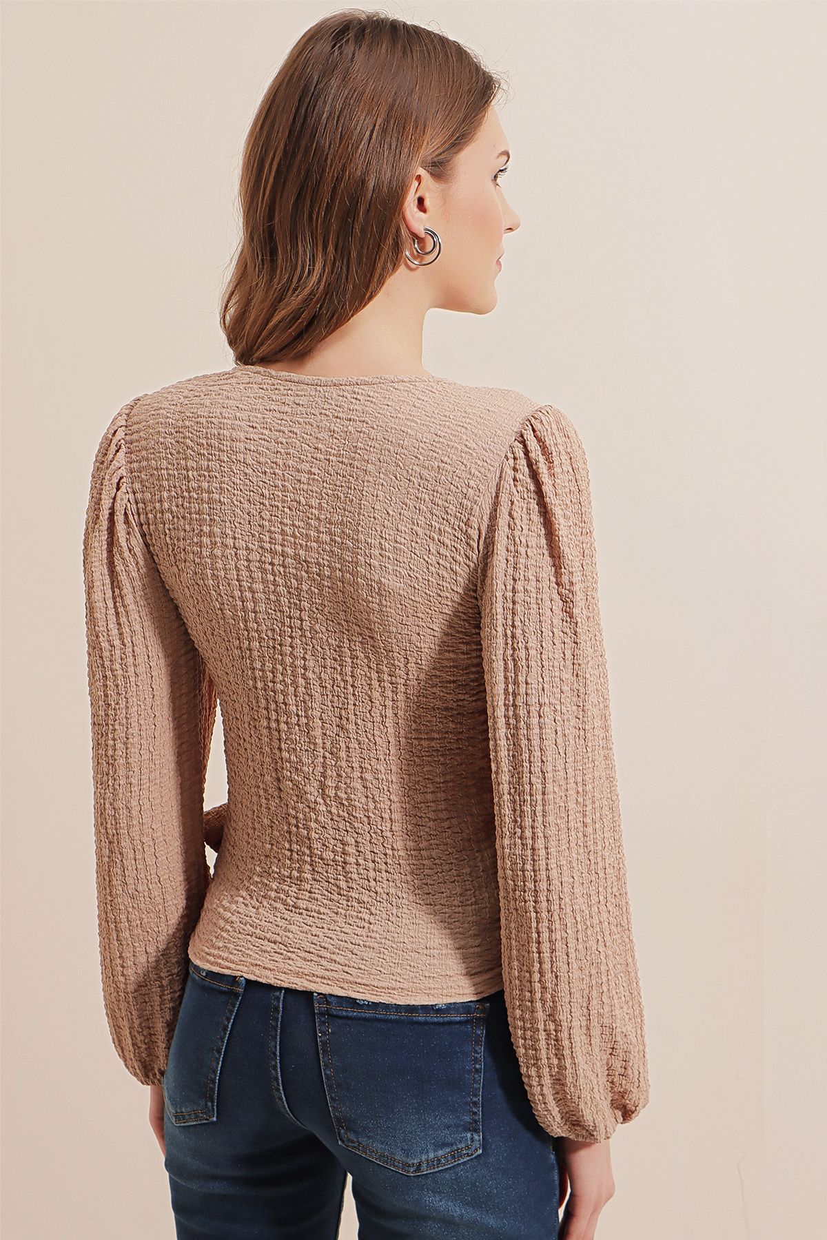 Bigdart-0441 Wrap Knitted Blouse - Beige 6