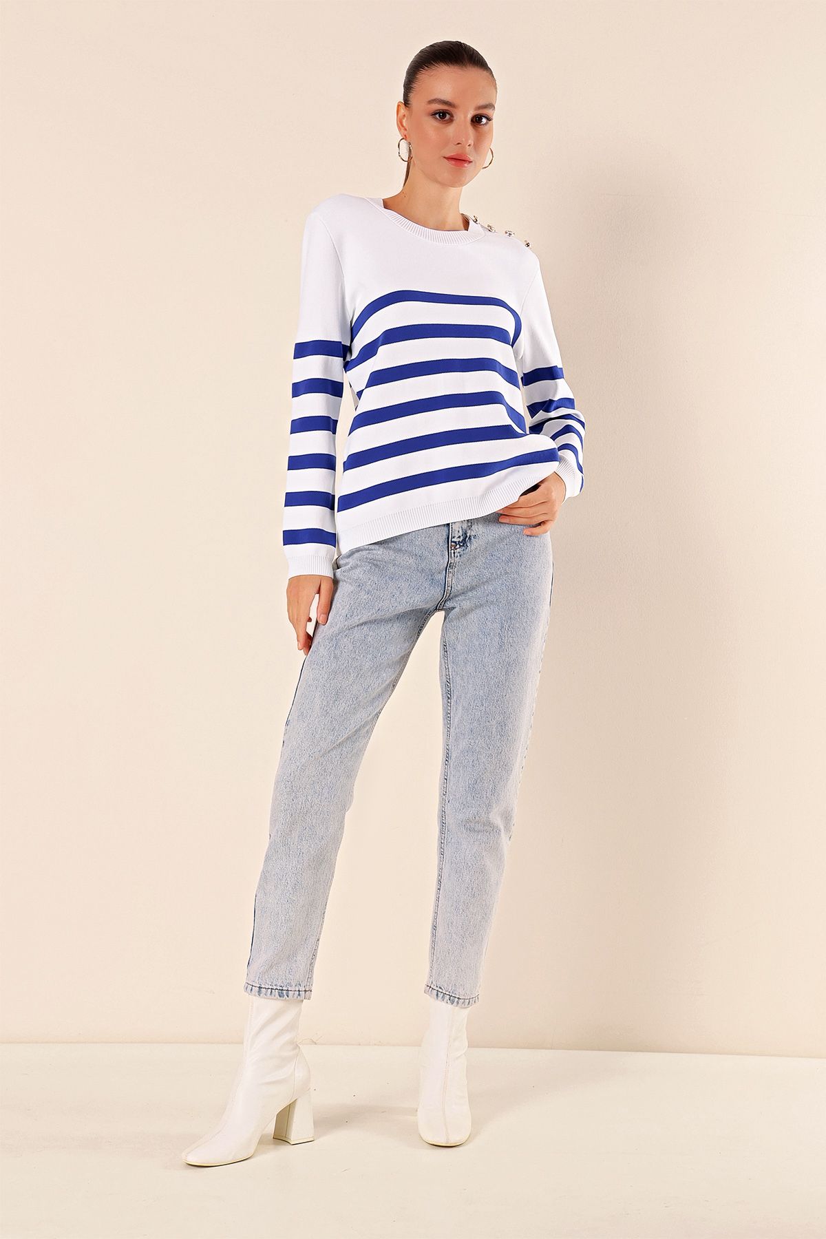 Bigdart-15820 Gestreifter Pullover mit Knopfdetail - C.Saks 3