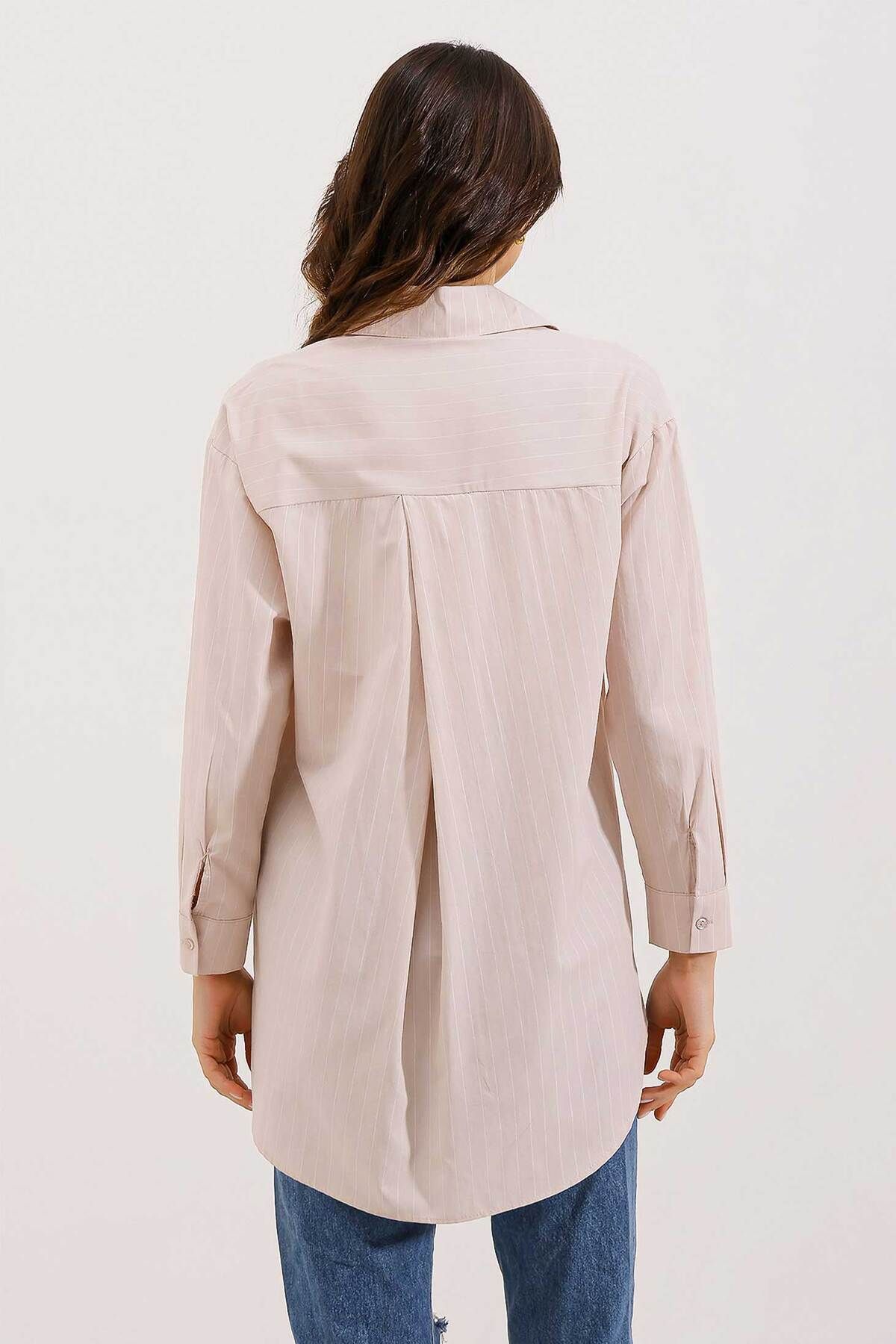 Bigdart-20217 Gestreiftes Oversize-Hemd mit Taschendetail - Beige 5