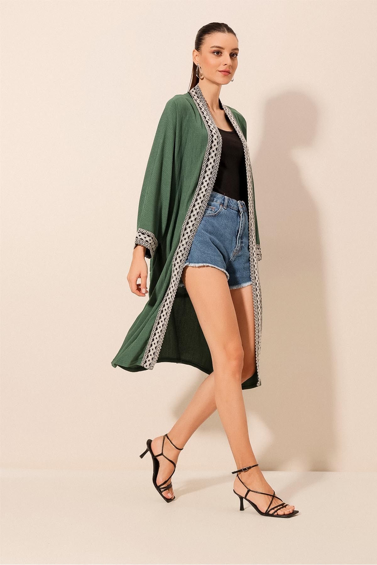 Bigdart-5865 Kimono lung tricotat brodat - Verde Smarald 5