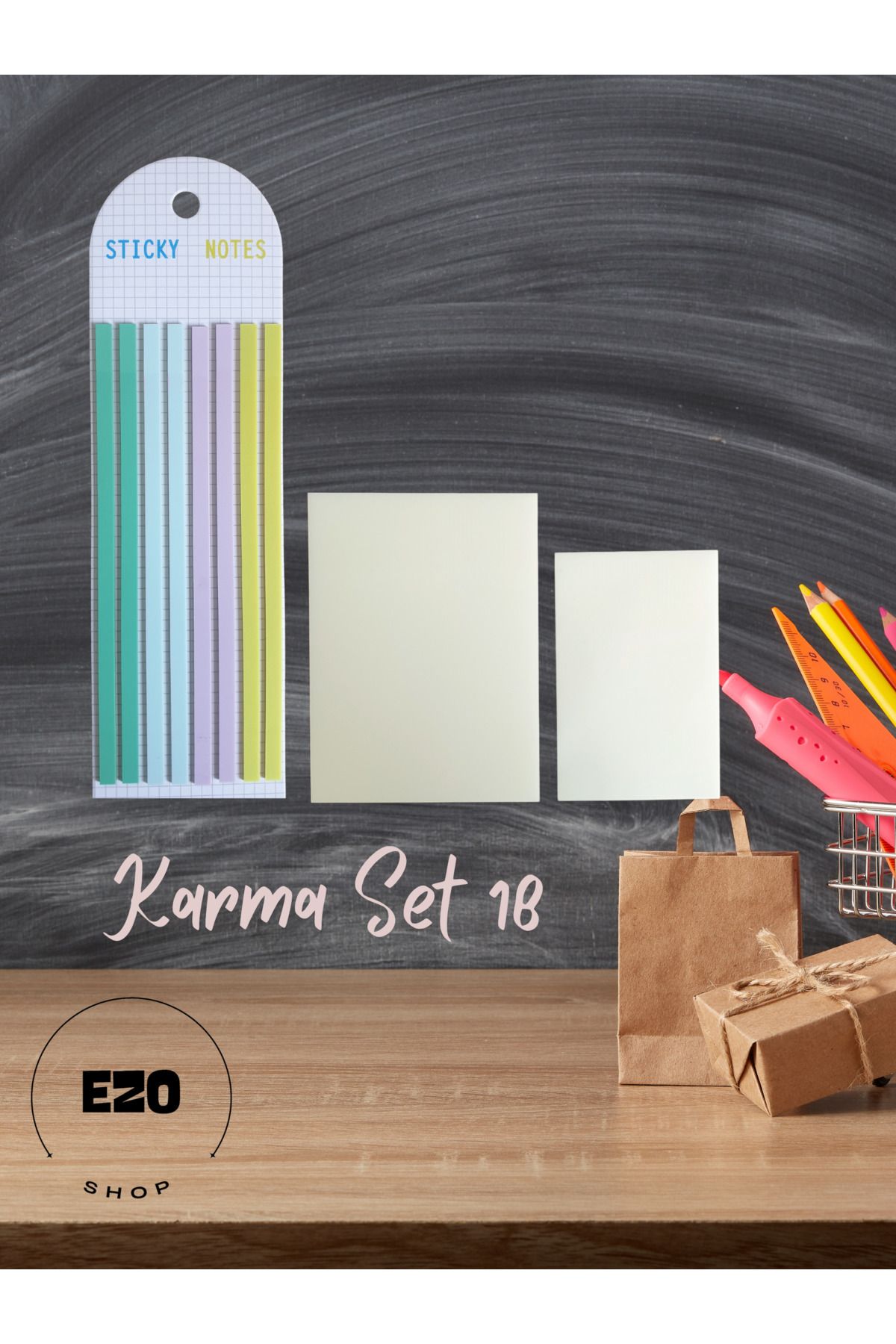 EZOSHOP-Set of 3 Long Ribbon and Karenot 2 Sizes Transparent Sticky Note Paper Stationery Post It Mixed Set 18 1