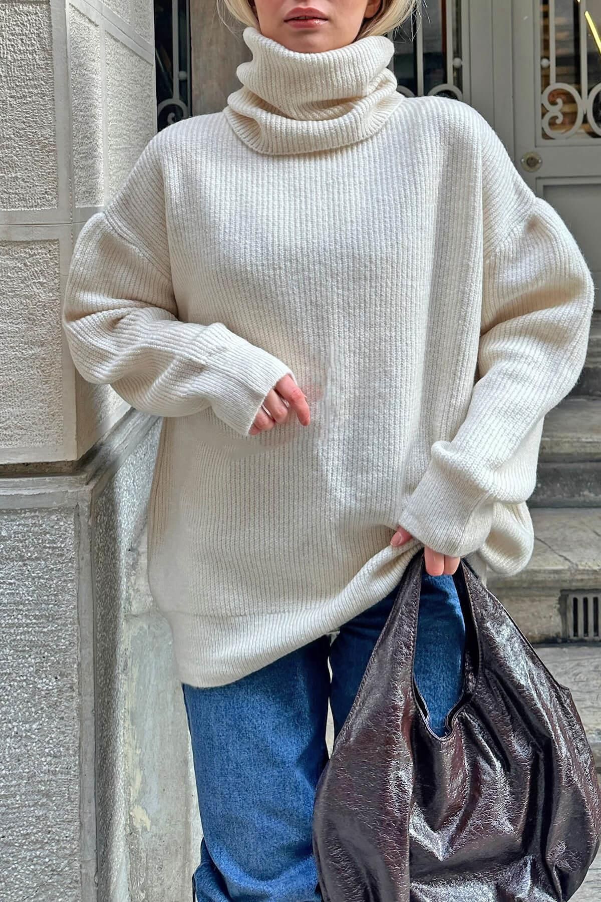 Swist-Beige Turtleneck Oversize Long Knitted Women's Knitwear Sweater 4