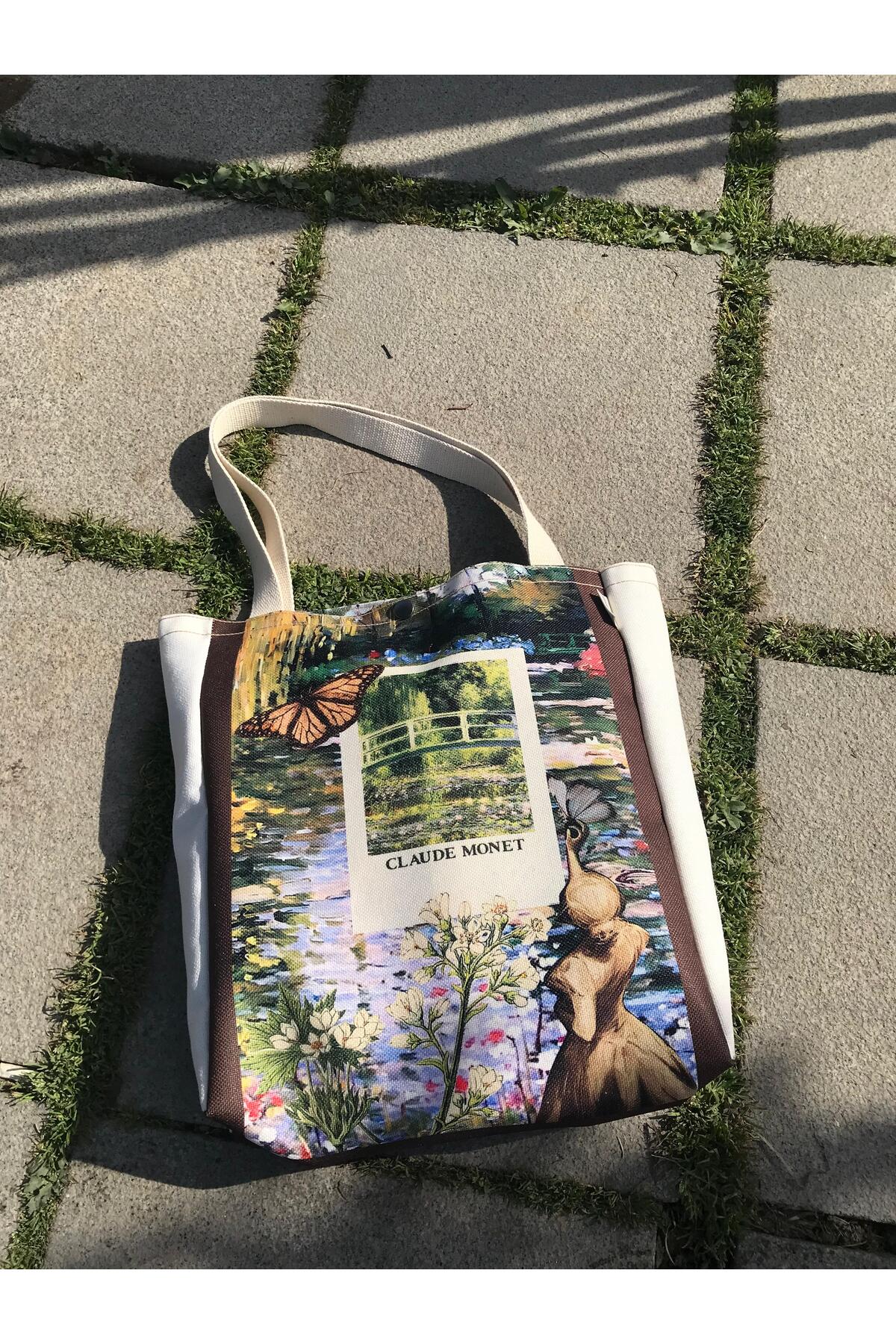 pamukcanta Claude Monet Bez Çanta Yıkanabilir Metal Çıtçıtlı Kanvas Kumaş görsel 7