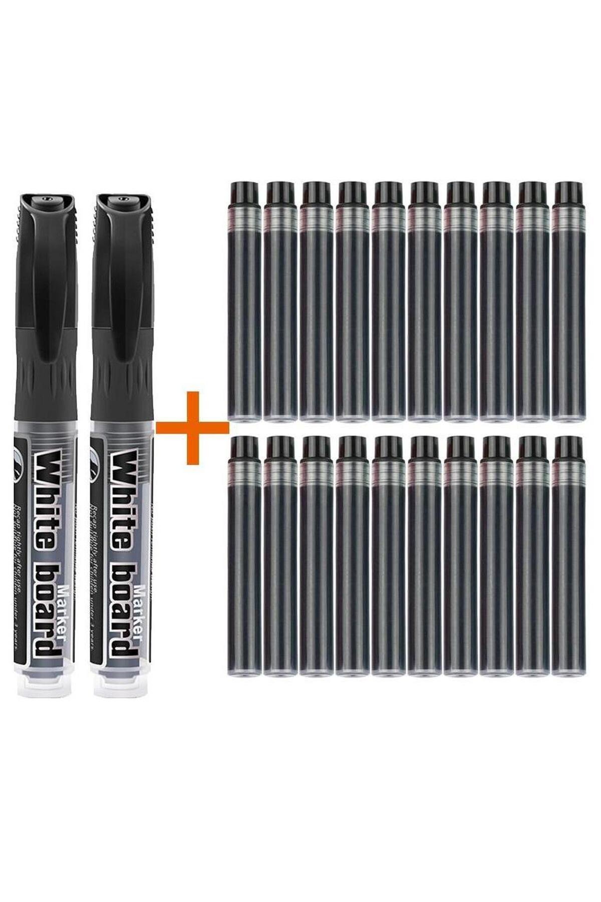 Modellino 20 Adet Siyah Kartuş + 2 Adet Tüplü BYB Siyah Kartuşlu Beyaz Tahta Kalemi