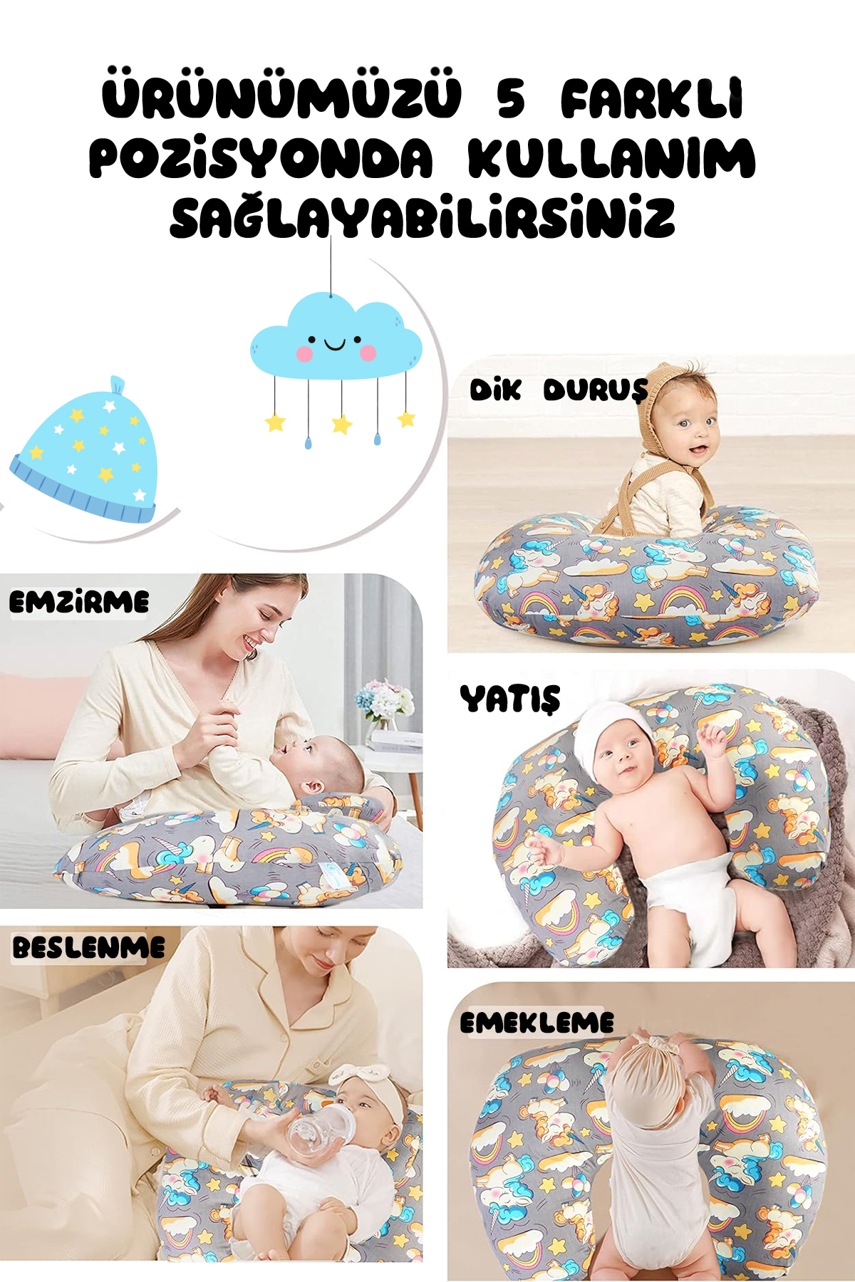 BabyModa Kolay Temizlenebilir Çift Taraflı %100 Pamuklu Kumaş Bebek Emzirme Minderi Gri fotoğrafı 7 (önizleme)