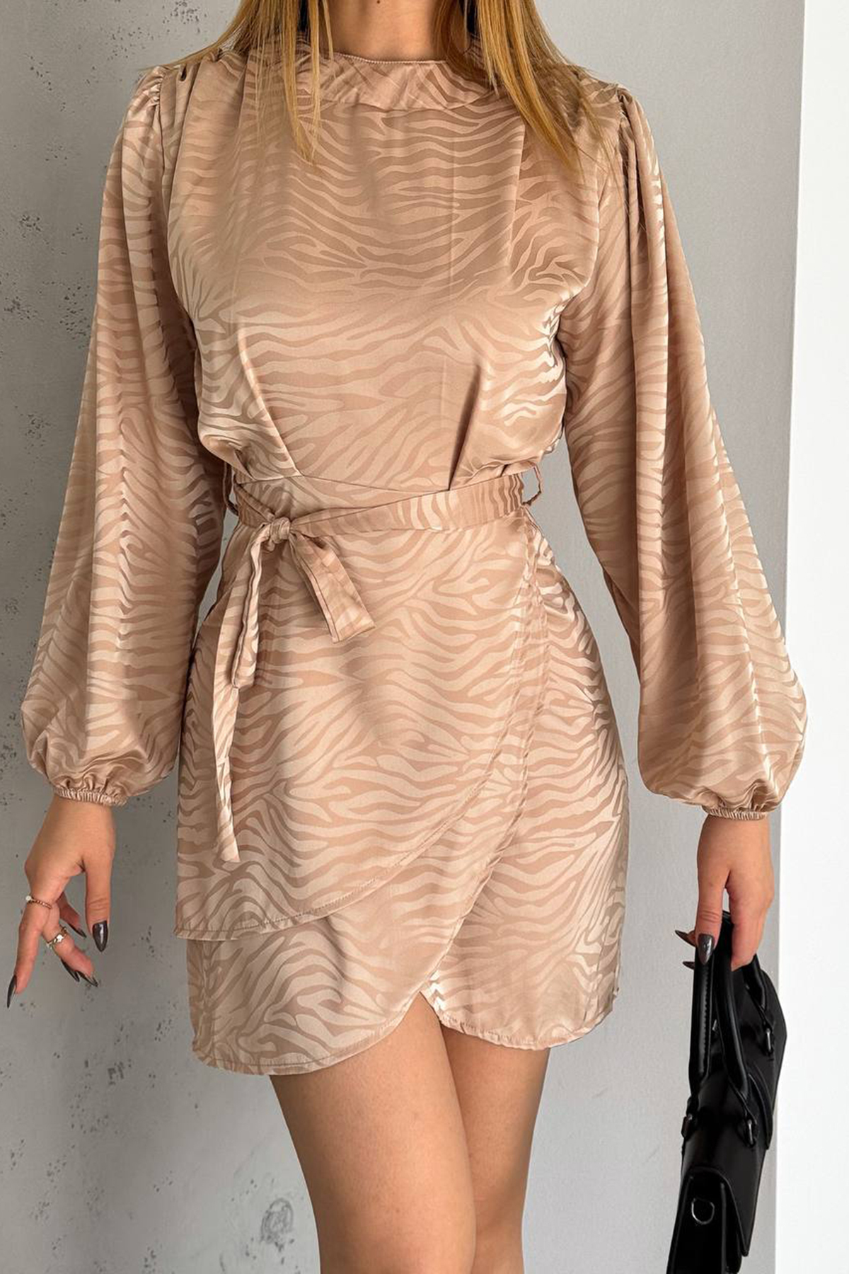 women's satin mini dress with camel belt NBKKLF2021