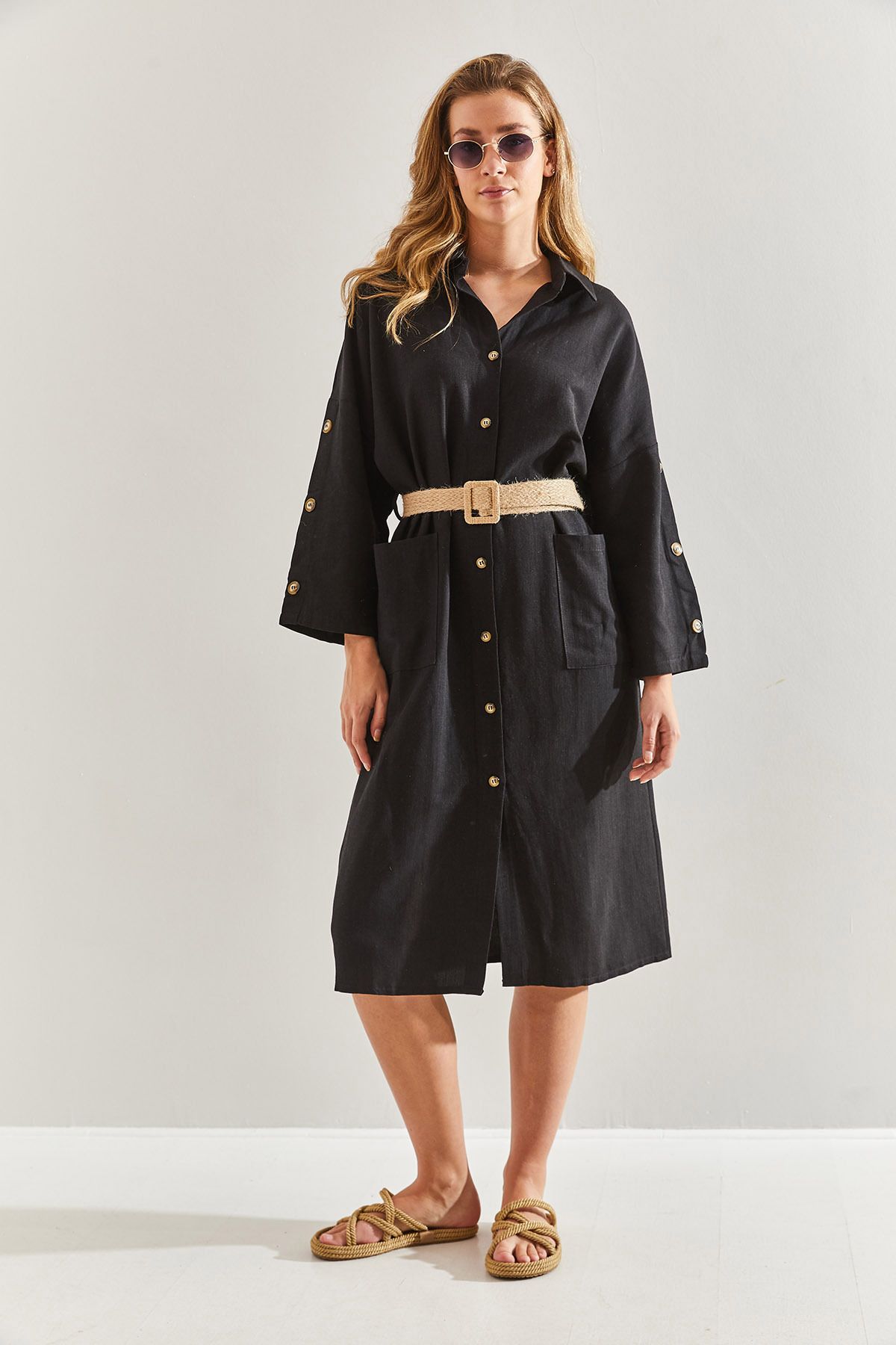 Bianco Lucci-Linen Shirt Dress - Straw Belt, Women's,60171014 3