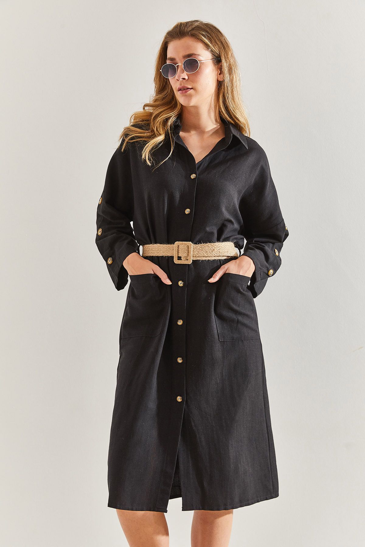 Bianco Lucci-Linen Shirt Dress - Straw Belt, Women's,60171014 5