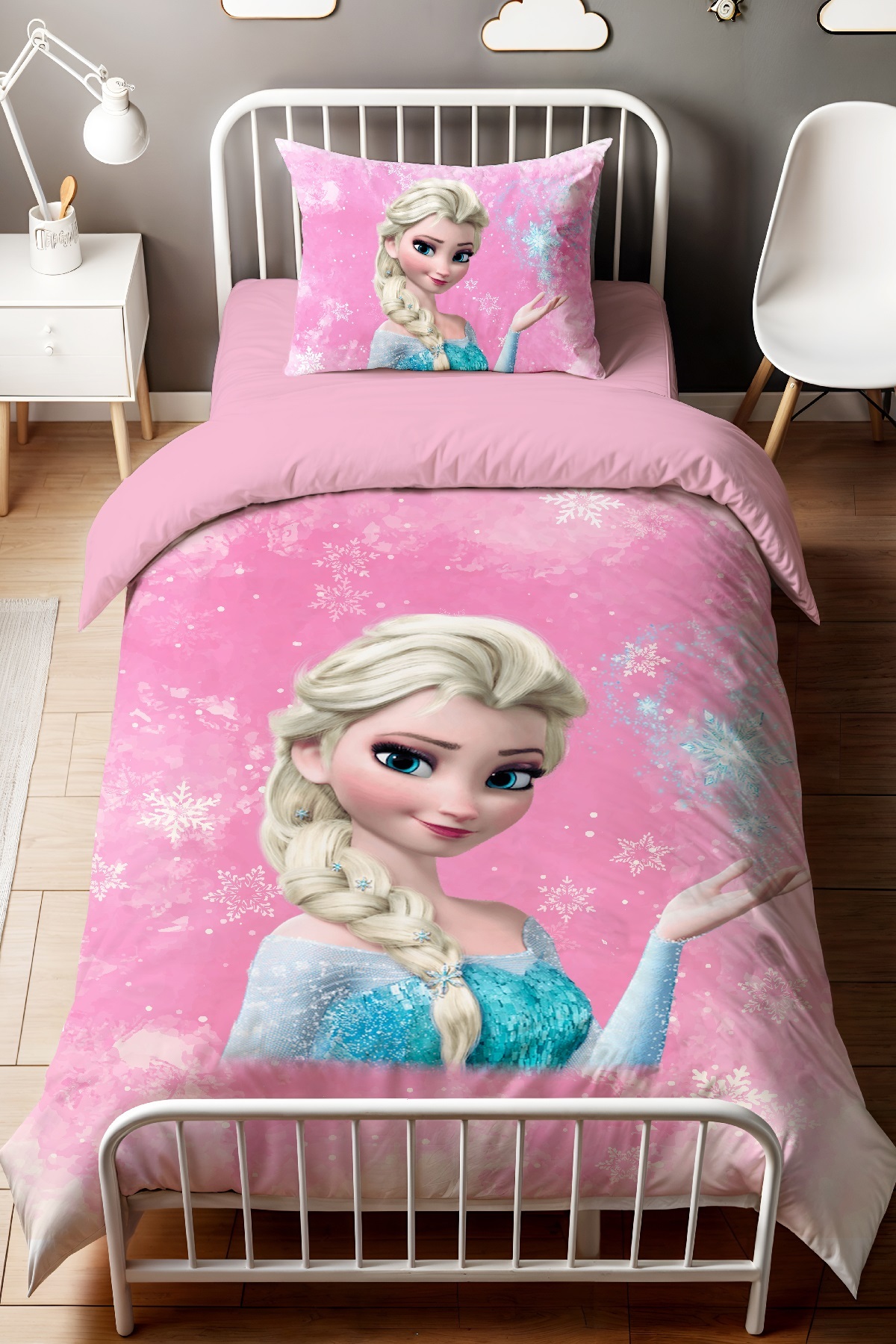 Evpanya Kar Kristallı Pembe Elsa Desenli Tek Kişilik Bebek Çocuk Nevresim Seti fotoğrafı 2 (önizleme)