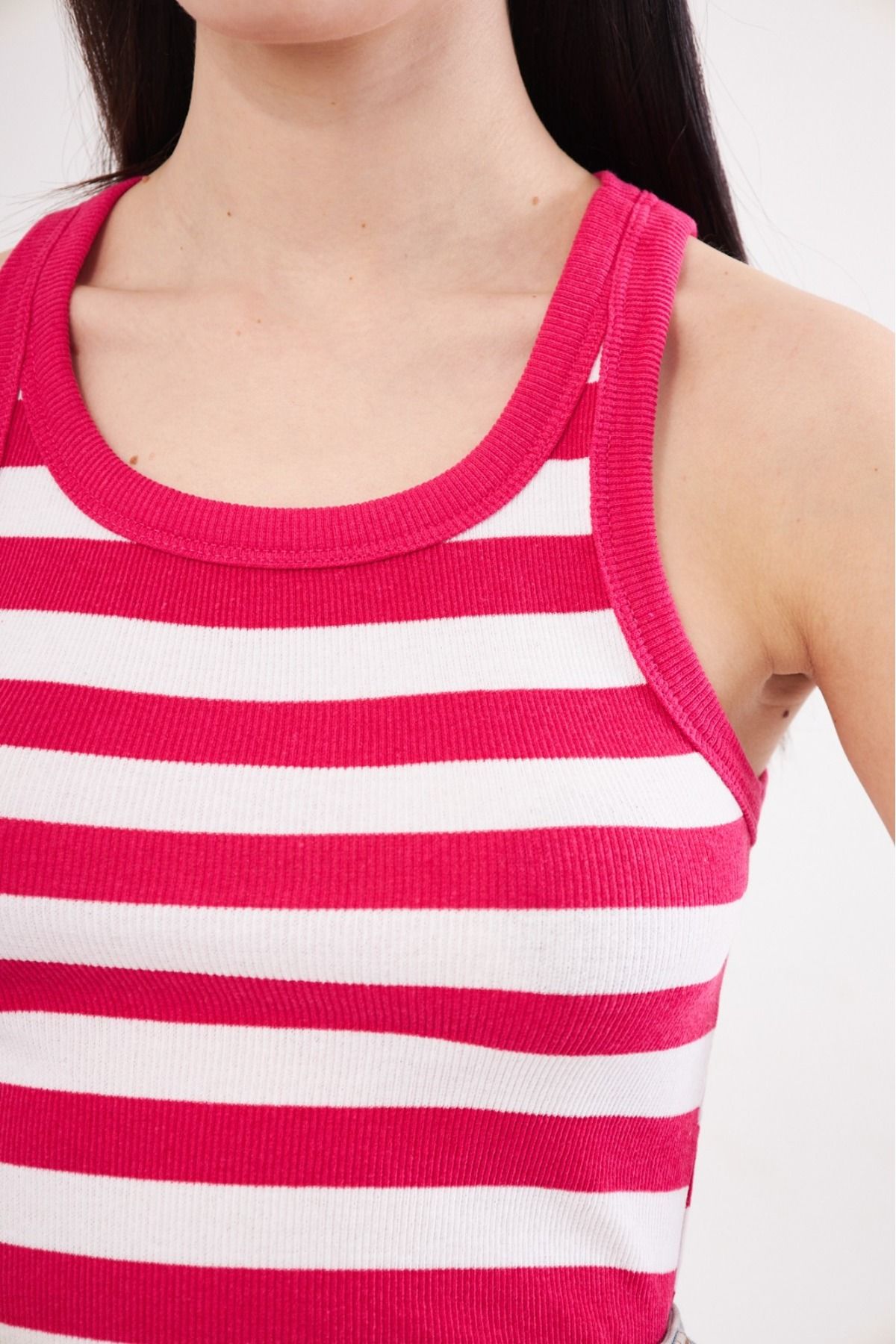 MİSS M.A.T FASHİON-Women's Striped Ribbed T-shirt Halter Neck Knitted Tank Top 4
