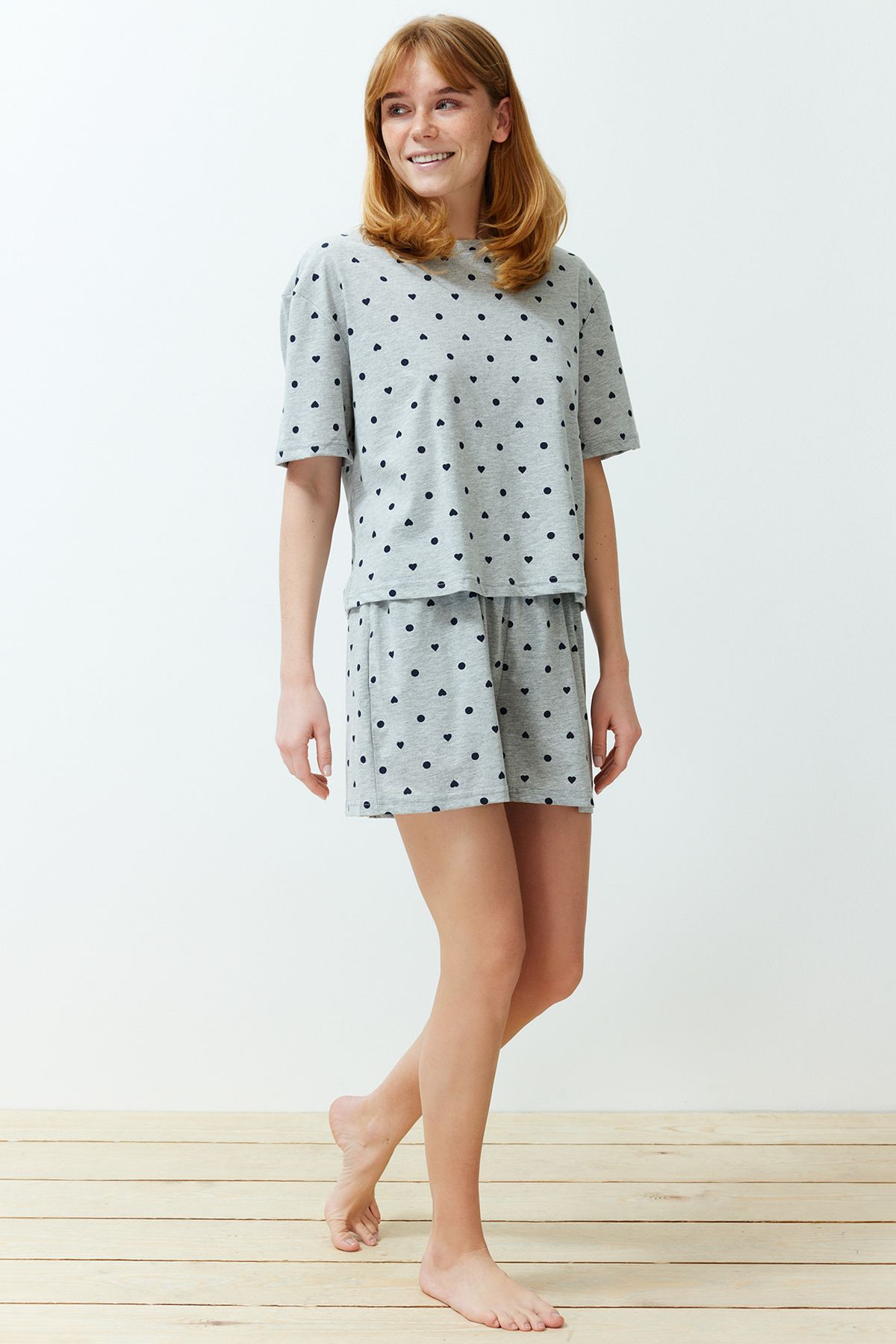 Trendyol Collection Szary Melanżowy Komplet Piżamowy Z Kropkami I Serduszkami - Thmss21pt1485 Kobieta - XL