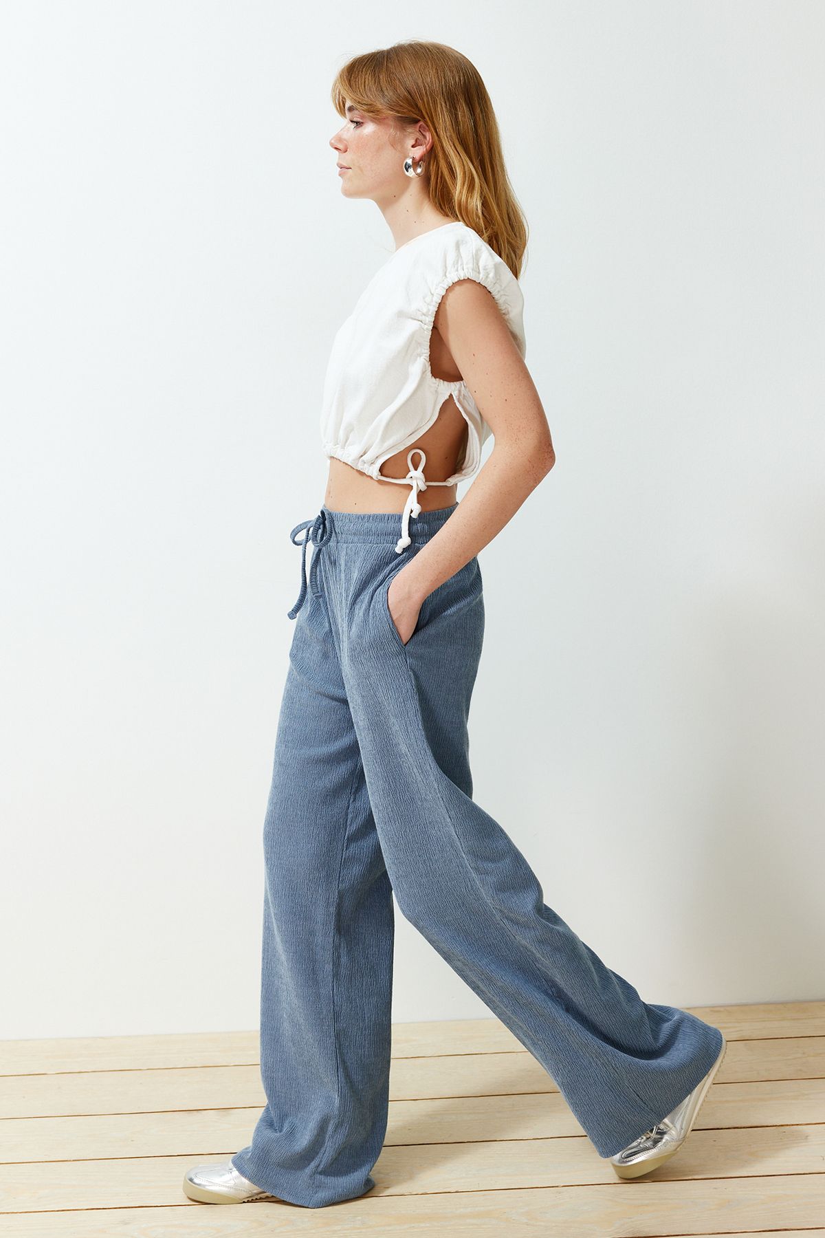 Trendyol Collection-Ευέλικτο πλεκτό παντελόνι Premium Indigo με φαρδύ πόδι TWOSS24PL00054 9