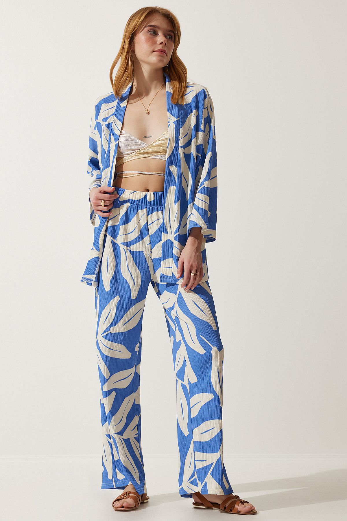 Happiness İstanbul Dámska letná bunda so vzorom Sky Blue, Palazzo Set DD01304