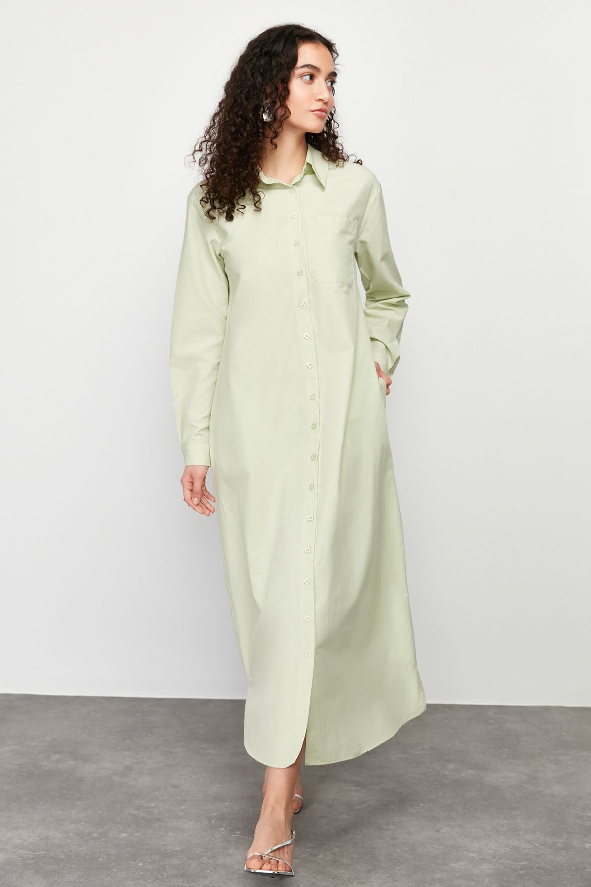 Trendyol Modest-Light Khaki Buttoned Woven Shirt Dress Tctss24Eb00137 6