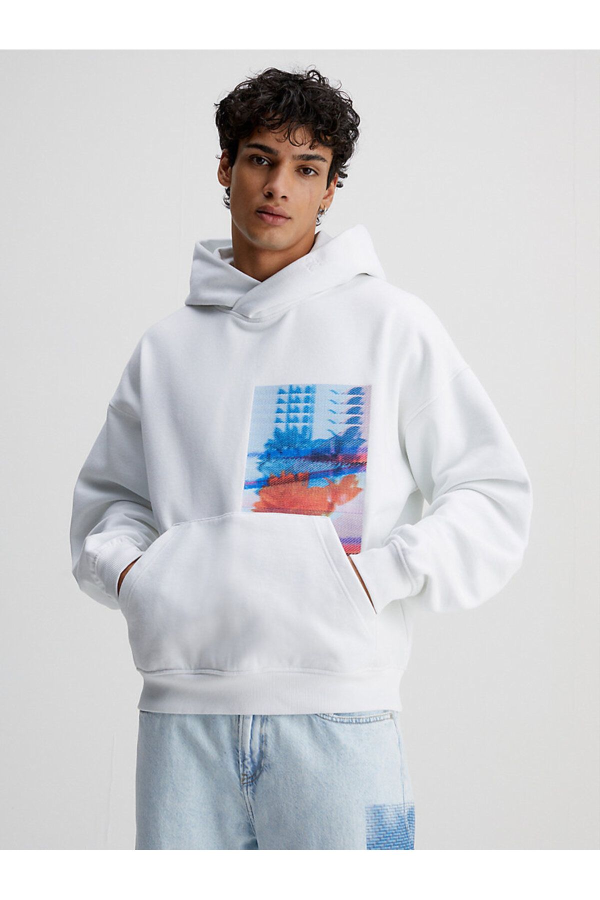 سویشرت سفید مردانه حرکت کاپوت گرافیکی گل اورجینال Calvin Klein