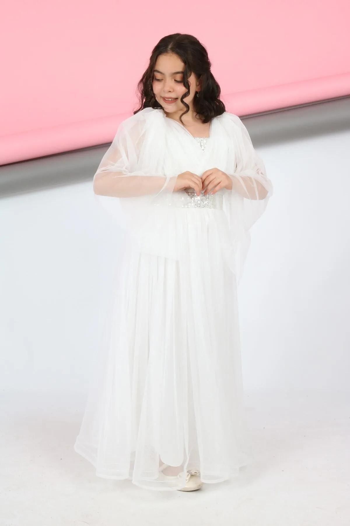 Your Consent-Girl's Waist Sequin Embroidered Back Elastic Lace Sleeve Detail Evening Dress Graduation Wedding Prom Dress 5