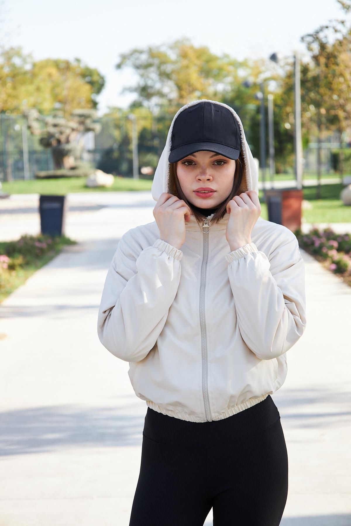 Ceylen-Women's Ecru Hooded Plush Coat 5
