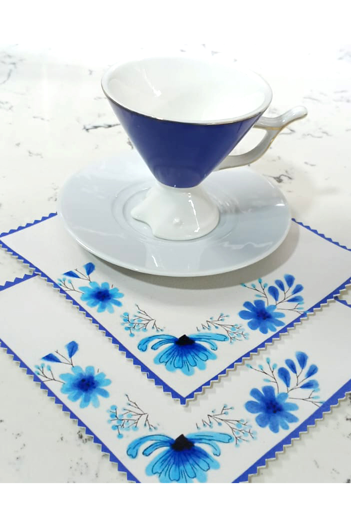 6 lı Deri Mavi Çiçekli Sunum Peçetesi Bardak Altlığı