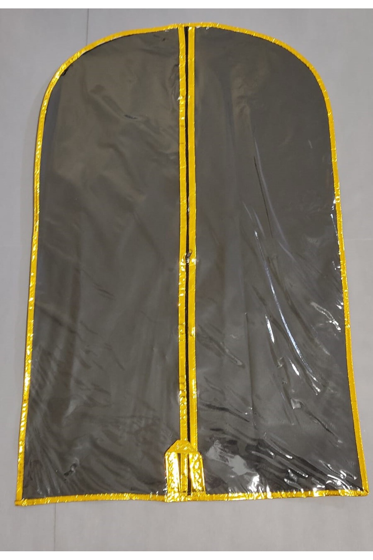Takım Elbise Kılıfı, Şeffaf Elbise Taşıma Hurç, SİYAH KUMAŞ, Kenar Şerit Metalize Altın Biye, 64x100 cm,